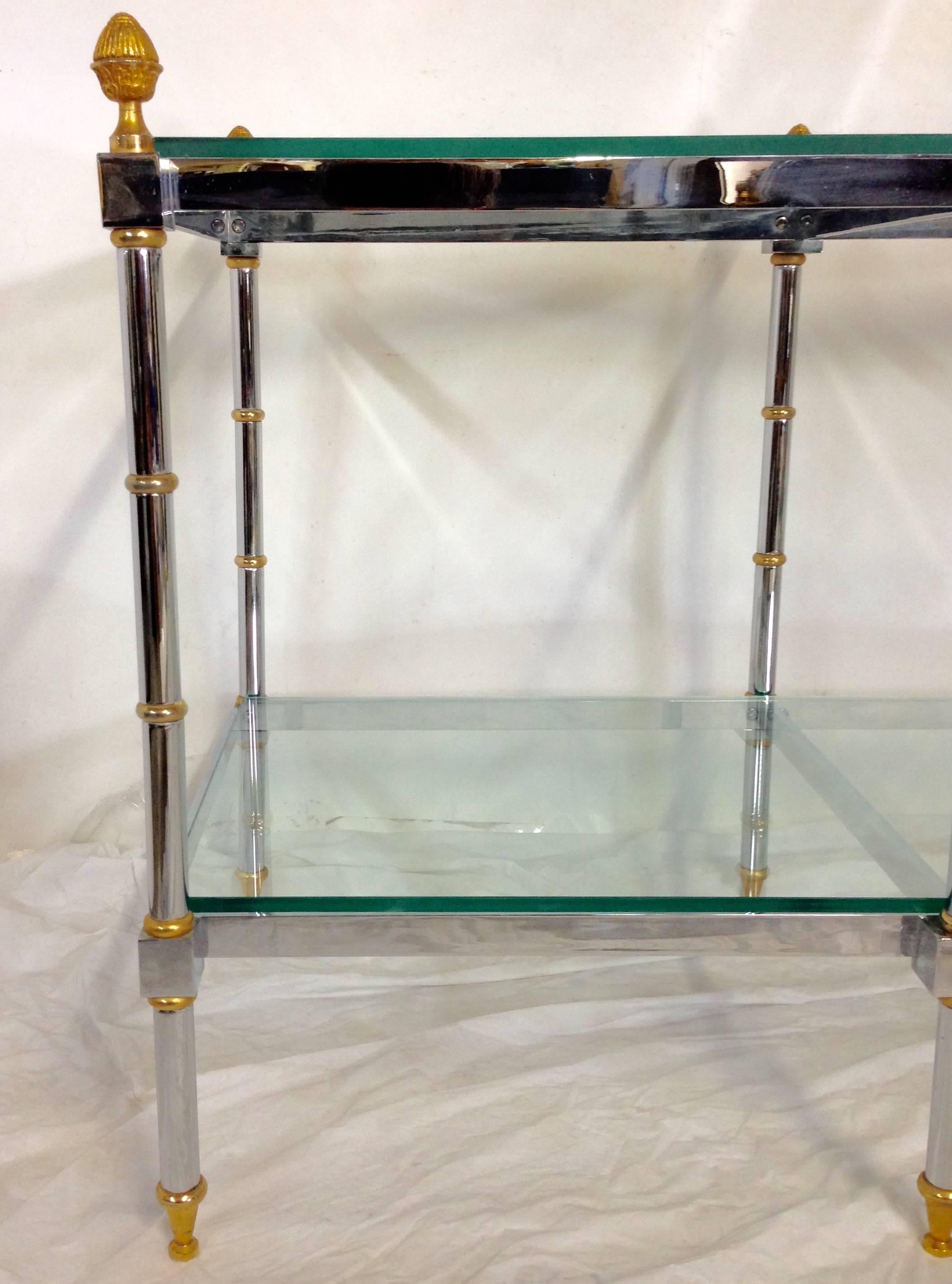 Hollywood Regency 1970'S Maison Jansen Style Chrome and Glass Two-Tier Console Table For Sale