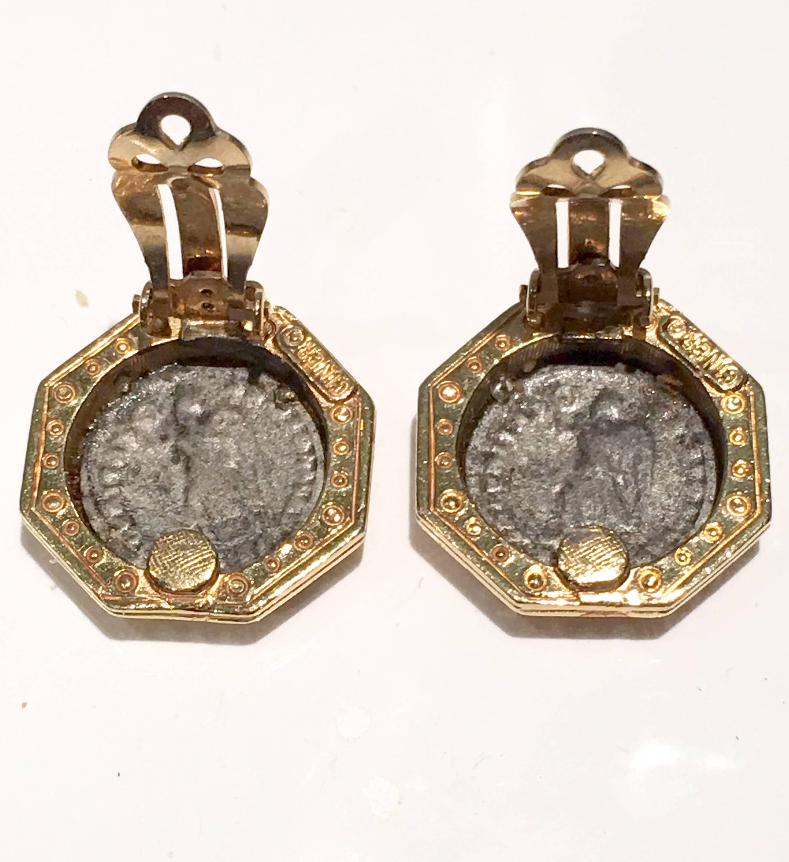 20th Century 1970s Ciner Gold Roman Coin and Rhinestone Earrings