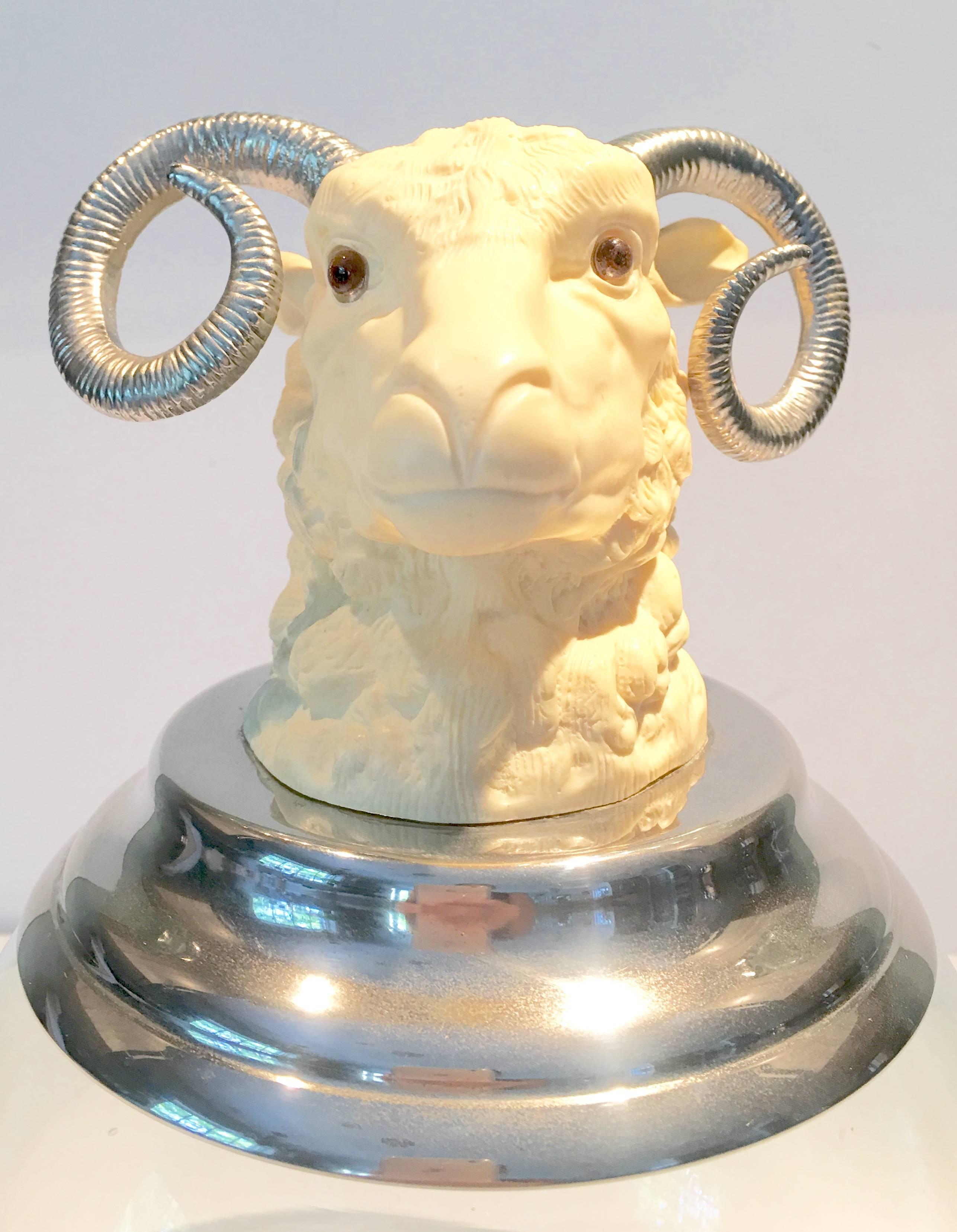 Incredible vintage French ram's head ink well topper. Ram's head is molded resin, pewter horns, silver plate base.. Signed, engraved Hauy Pauitza on the underside of the ram's head. Ram's head measures, 6