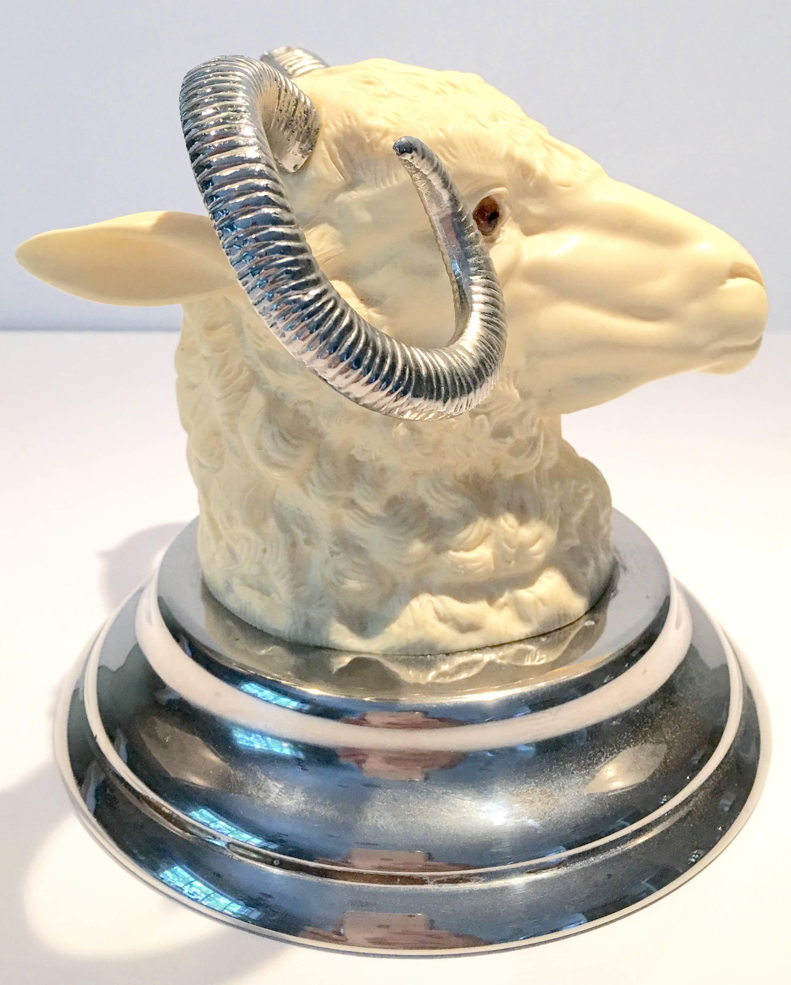 20th Century French Rams Head Pewter and Chrome Ink Well Topper
