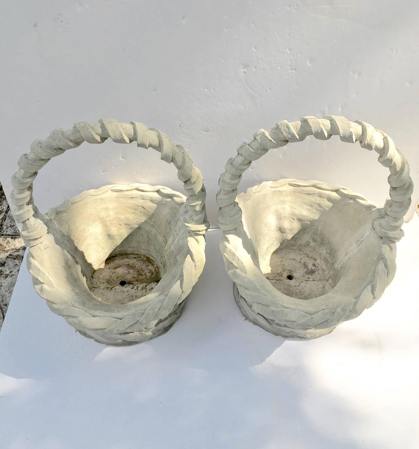 Pair of Concrete Basket Weave Basket Planters For Sale at 1stdibs
