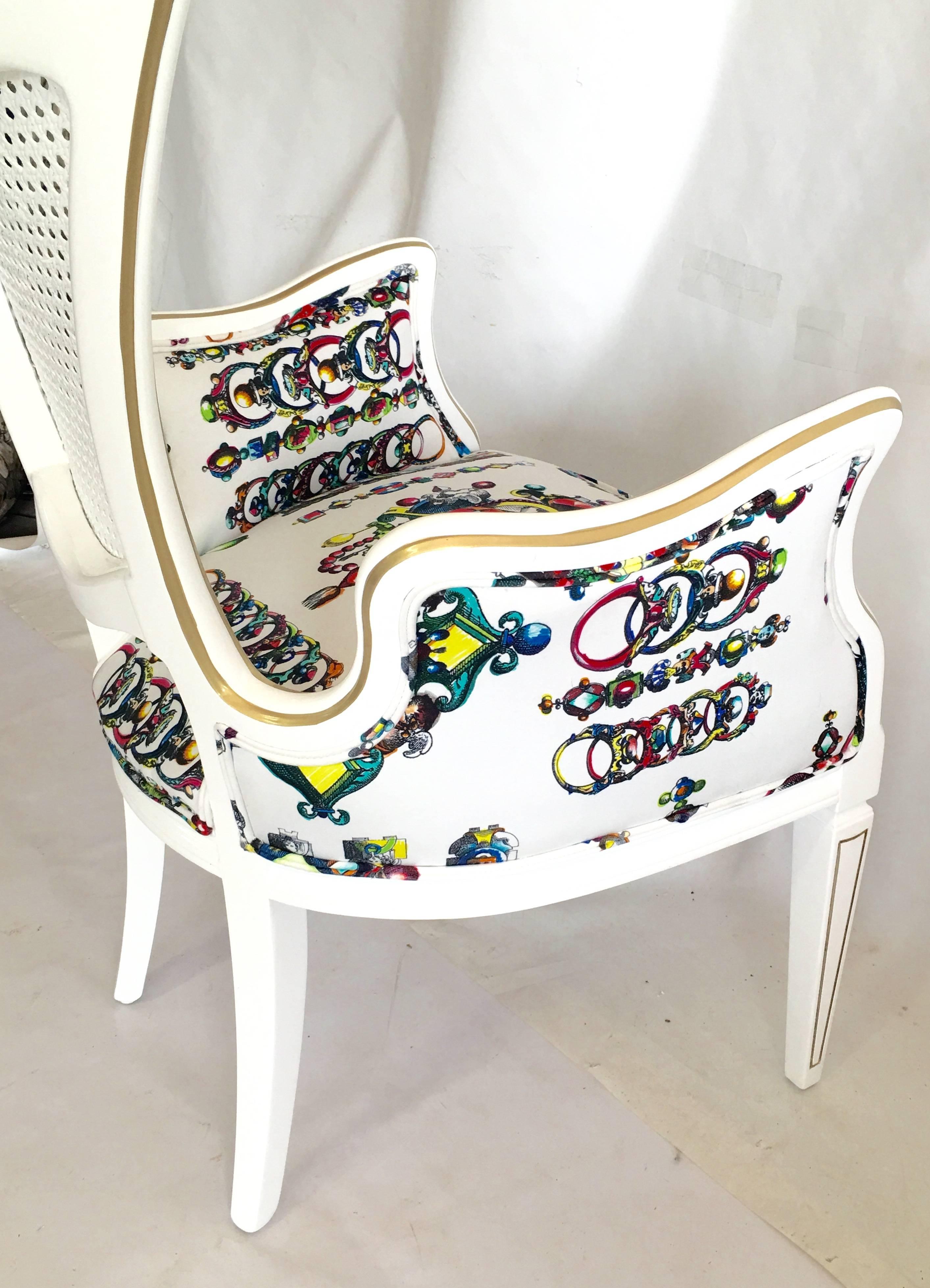 Hollywood Regency Vintage Lacroix Upholstered High Back Cane Armchair