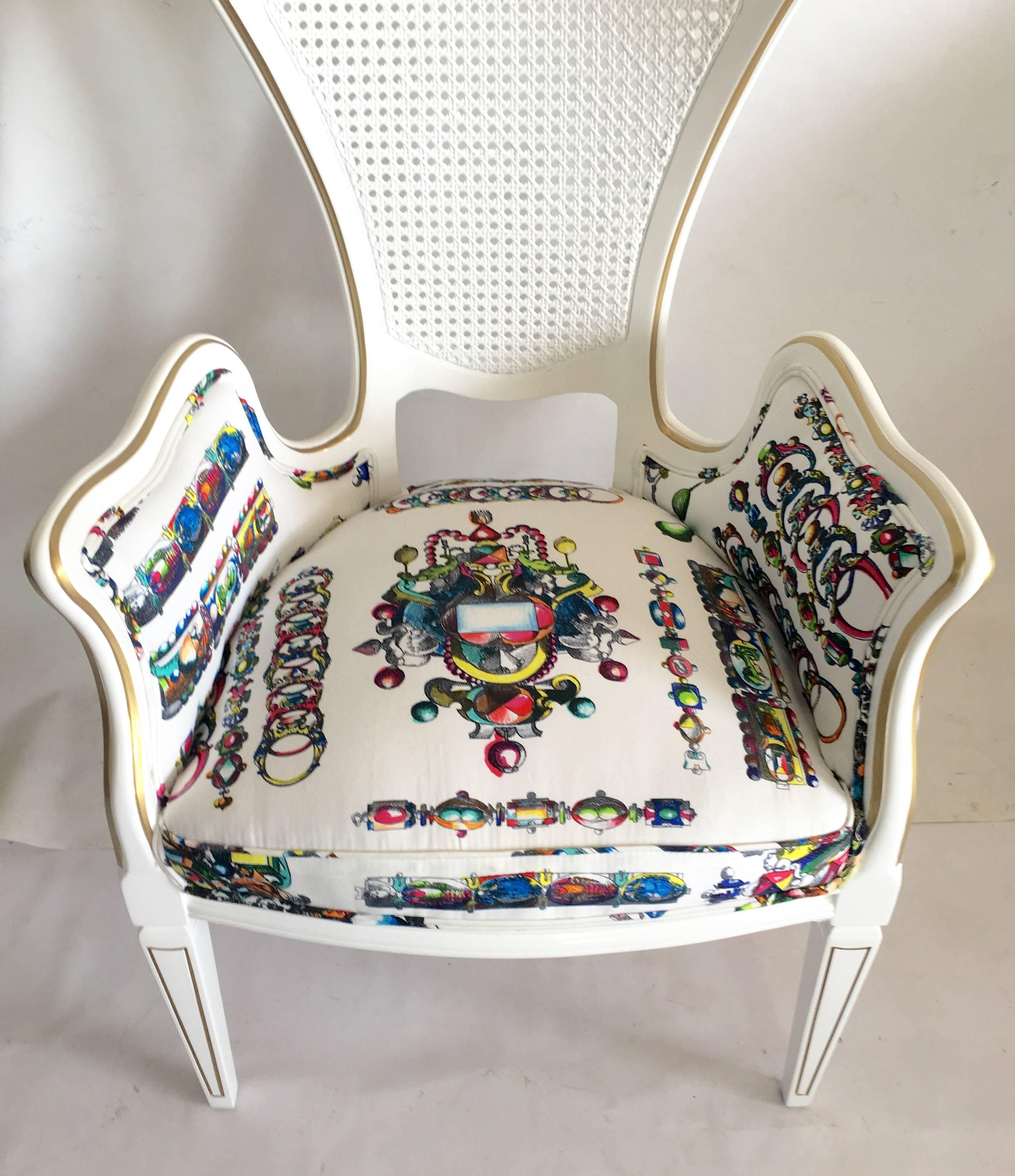 Lacquered Vintage Lacroix Upholstered High Back Cane Armchair