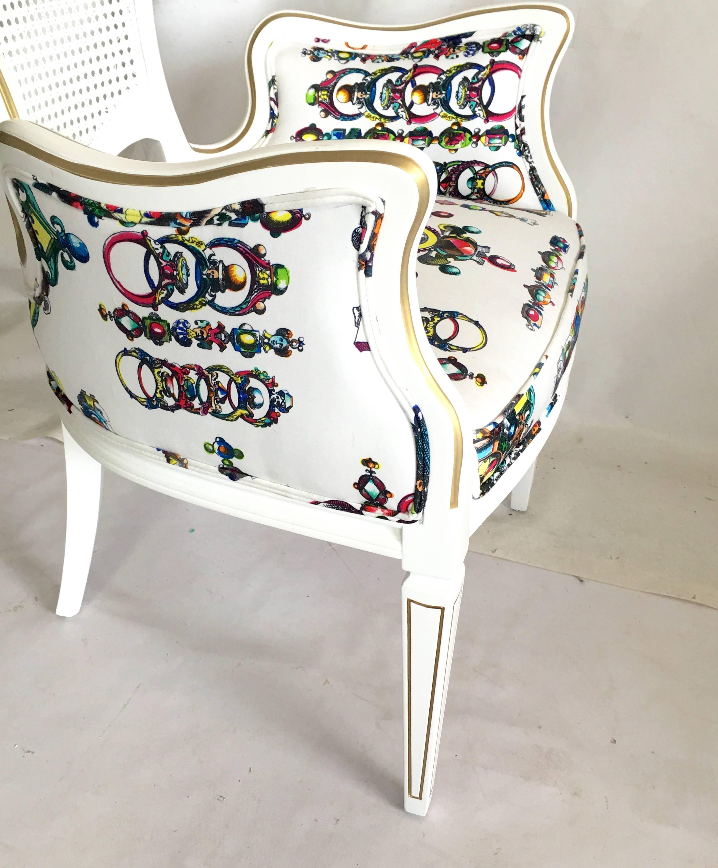 Vintage Lacroix Upholstered High Back Cane Armchair In Excellent Condition In West Palm Beach, FL