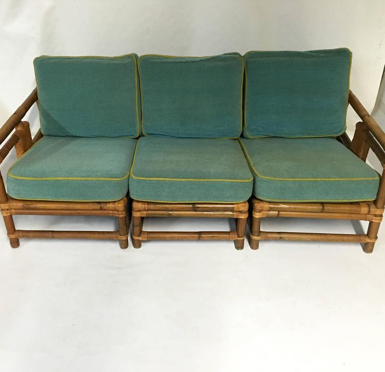 1940s Calif Asia Rattan And Wicker Three Piece Sofa And Cushions