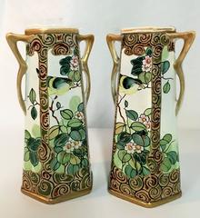 Pair of Antique Royal Nippon Hand-Painted Bird and Flora Panel Vases