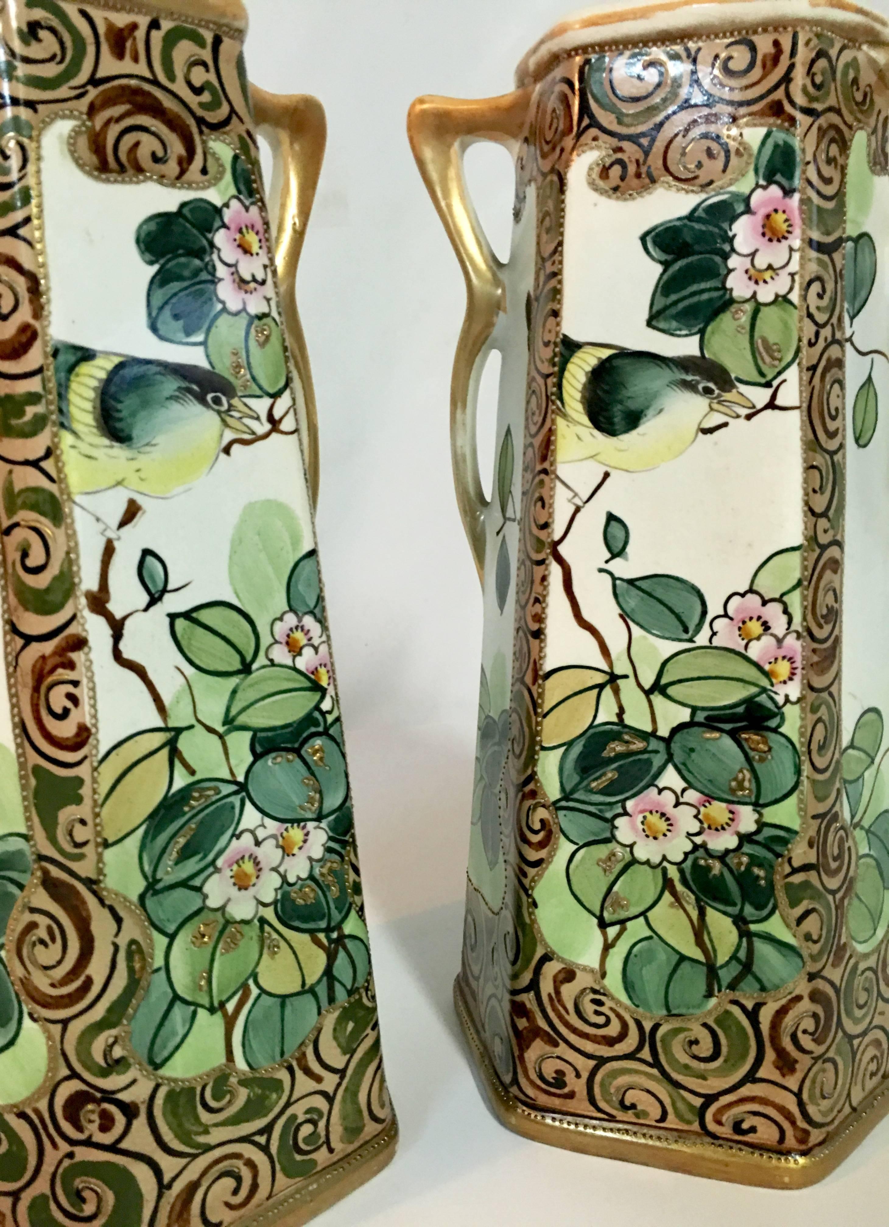 Japanese Pair of Antique Royal Nippon Hand-Painted Bird and Flora Panel Vases