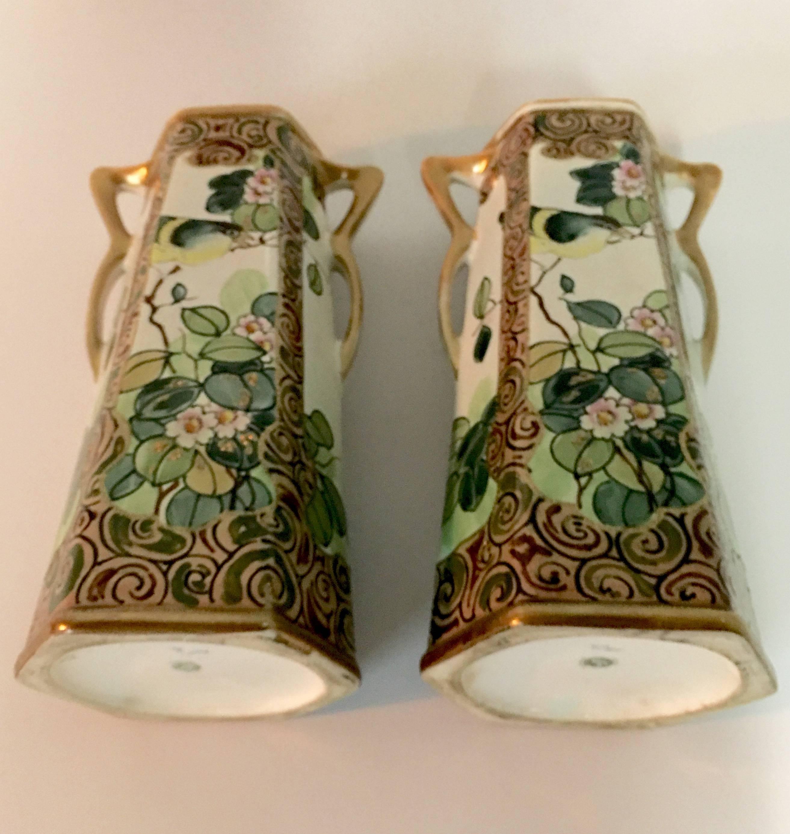 Pair of Antique Royal Nippon Hand-Painted Bird and Flora Panel Vases In Excellent Condition In West Palm Beach, FL