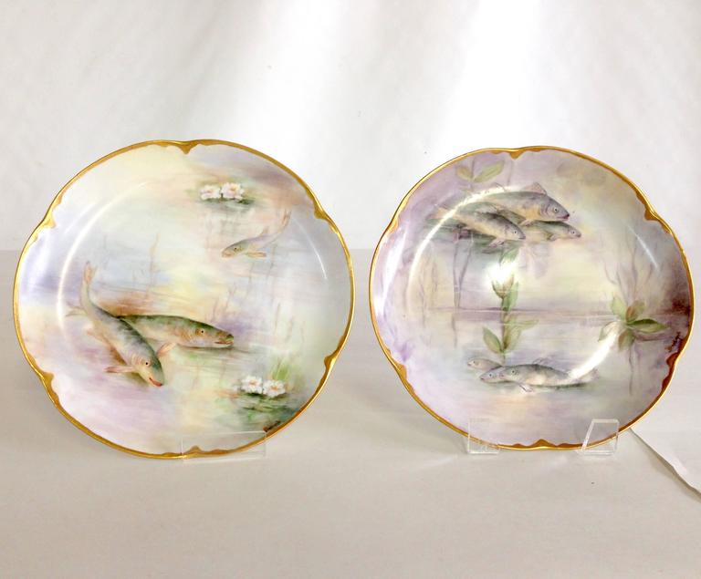 Antique French Limoges HandPainted 22Karat Fish Plates S/6 For Sale