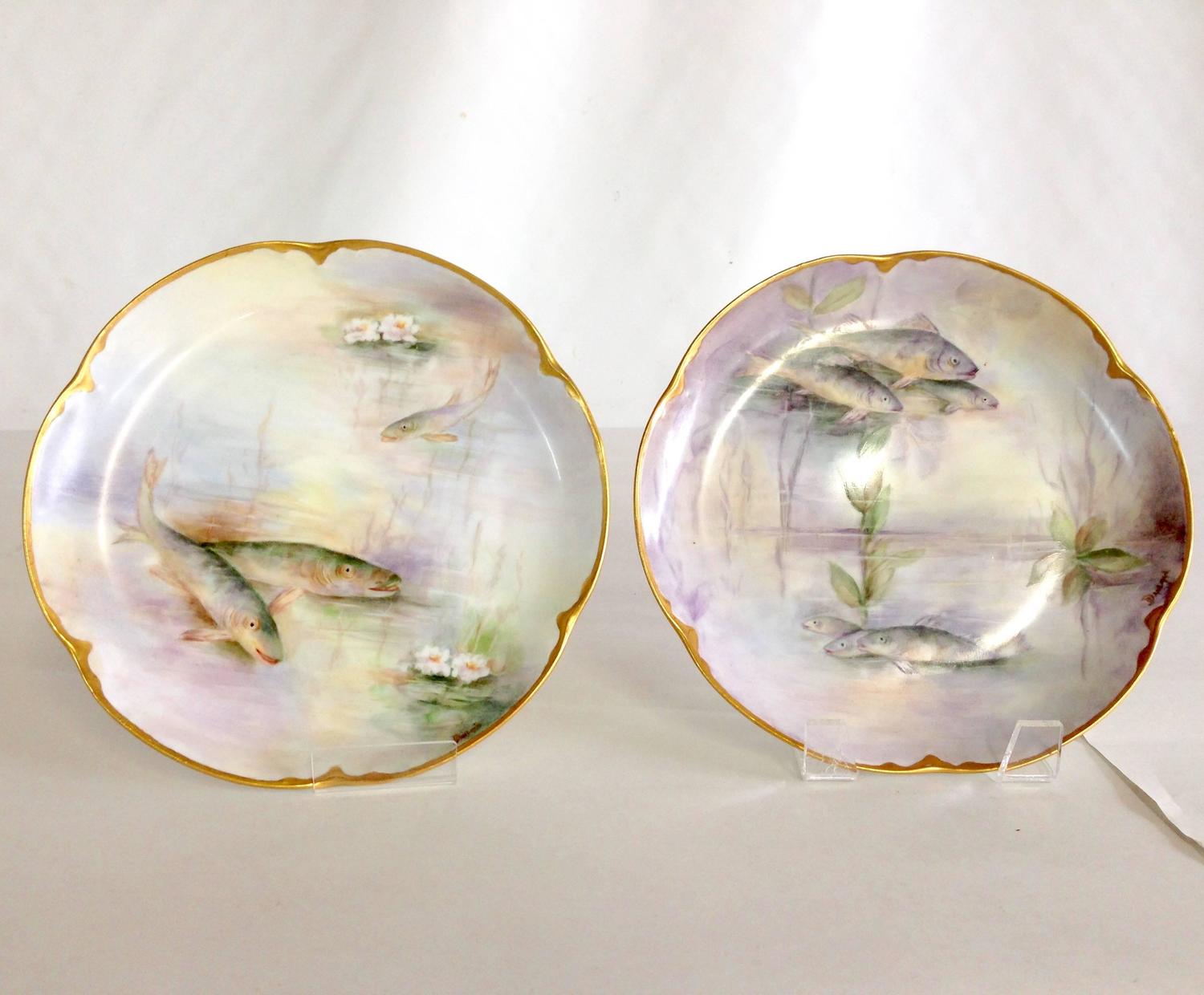 S/6 Antique Haviland Limoges HandPainted 22Karat Fish Plates For Sale