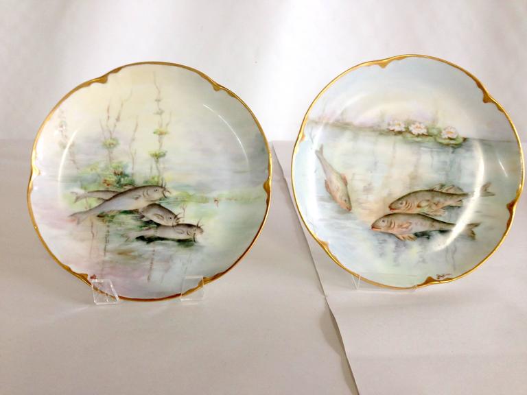 Antique French Limoges HandPainted 22Karat Fish Plates S/6 For Sale