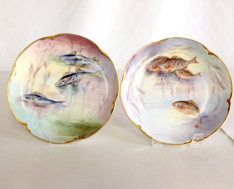 Antique French Limoges HandPainted 22Karat Fish Plates S/6 For Sale