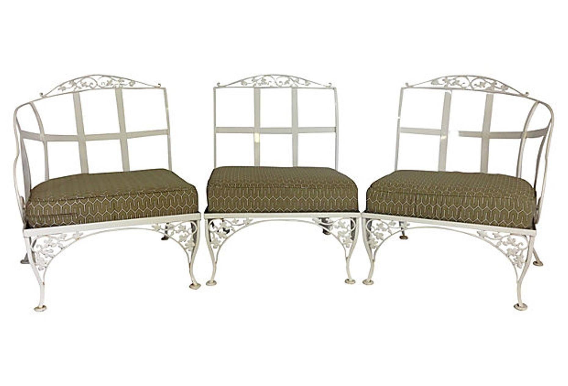 Newly powder coated painted in bright white for the outdoors, Woodard wrought iron three-piece sectional sofa/ settee. Includes three custom outdoor cushions with a geometric khaki and white indoor outdoor fabric. Cushions have zippers for easy