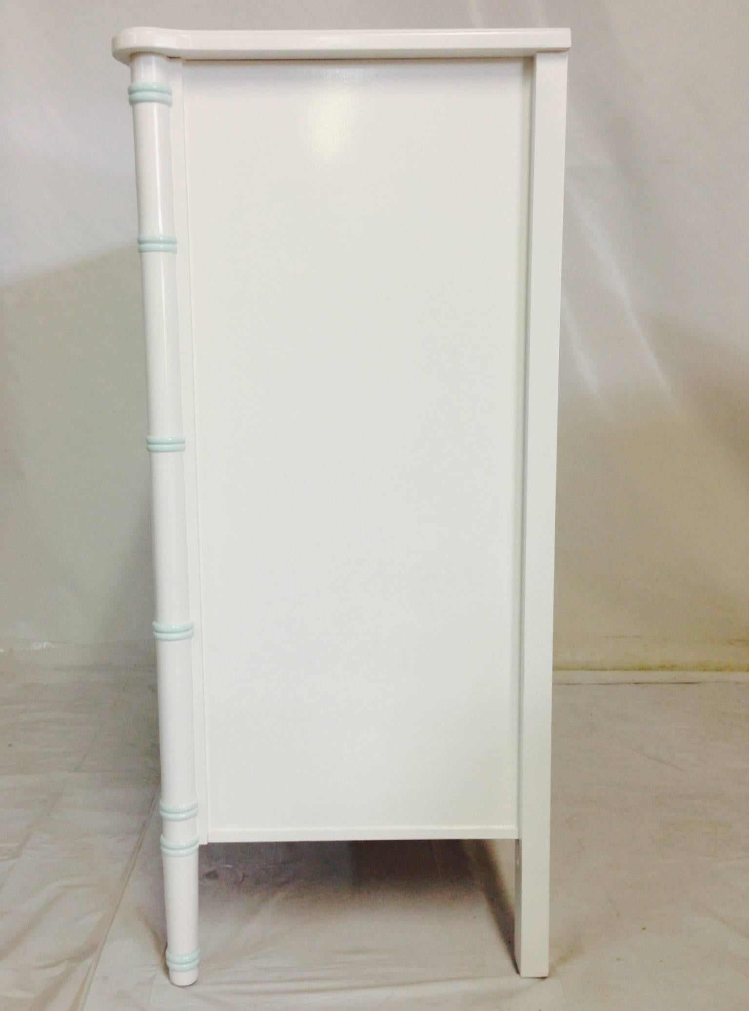 Vintage Lacquered Mint and White Faux Bamboo Dresser In Excellent Condition In West Palm Beach, FL
