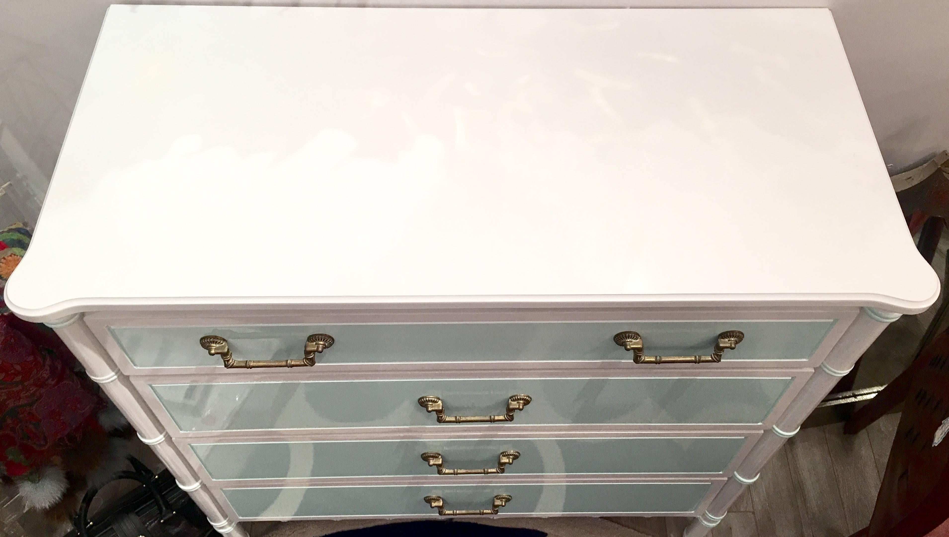 Hollywood Regency Vintage Lacquered Mint and White Faux Bamboo Dresser