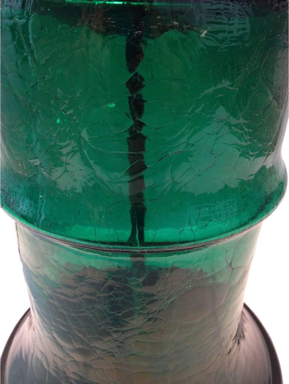 20th Century Blenko Crackle Glass Emerald Green Barrel Lamp