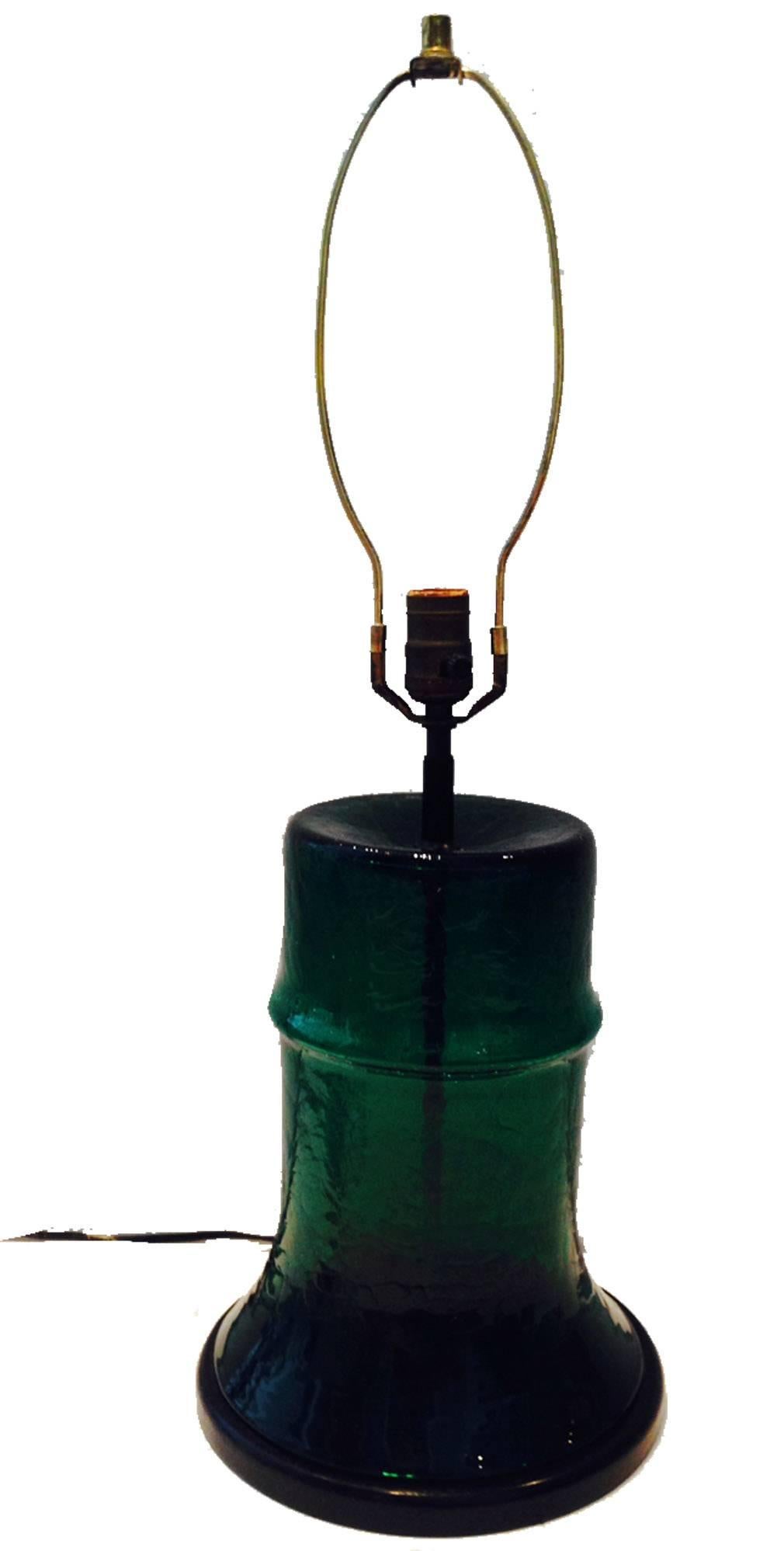 American Blenko Crackle Glass Emerald Green Barrel Lamp