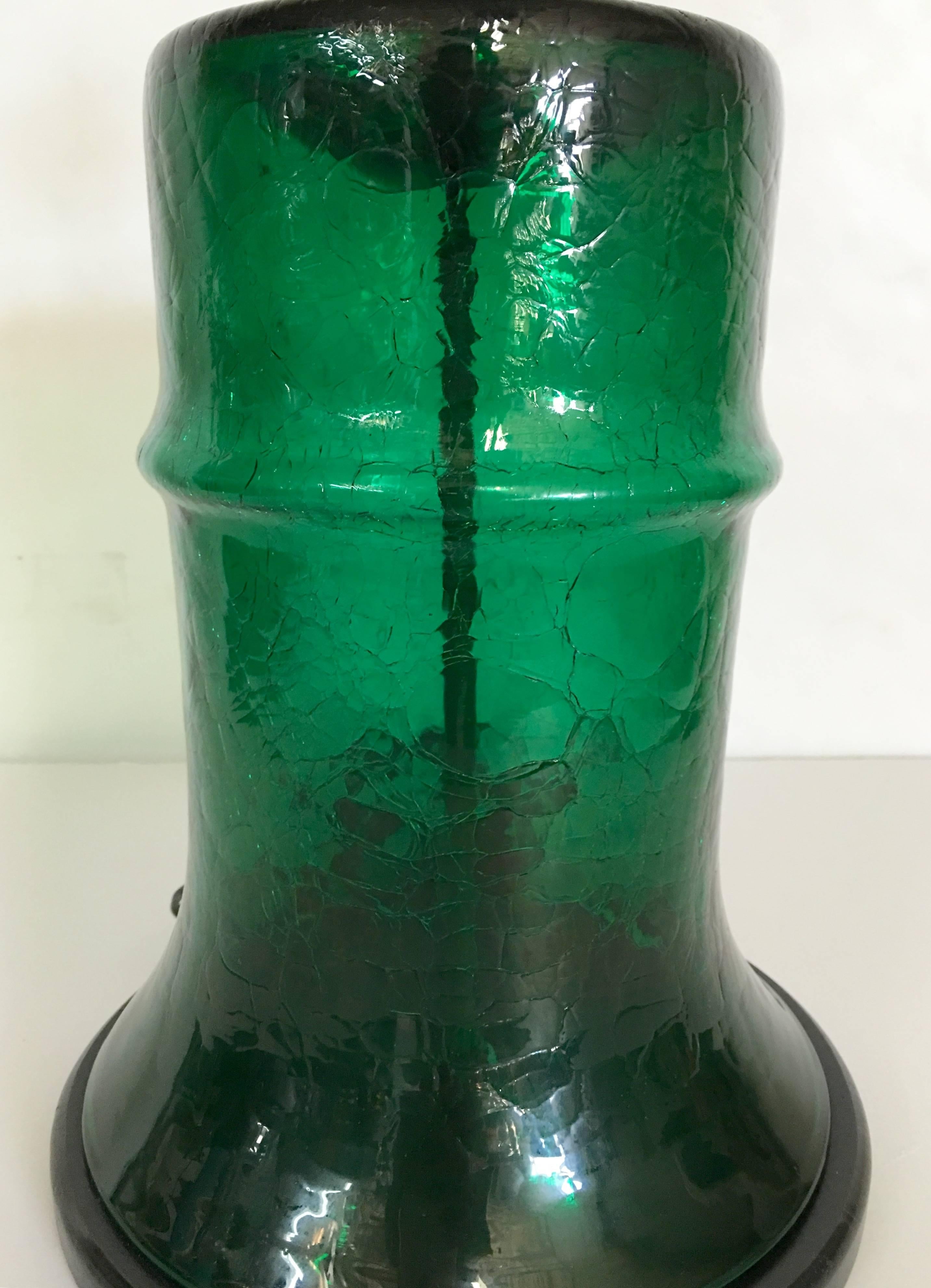 Mid-Century Modern Blenko Crackle Glass Emerald Green Barrel Lamp
