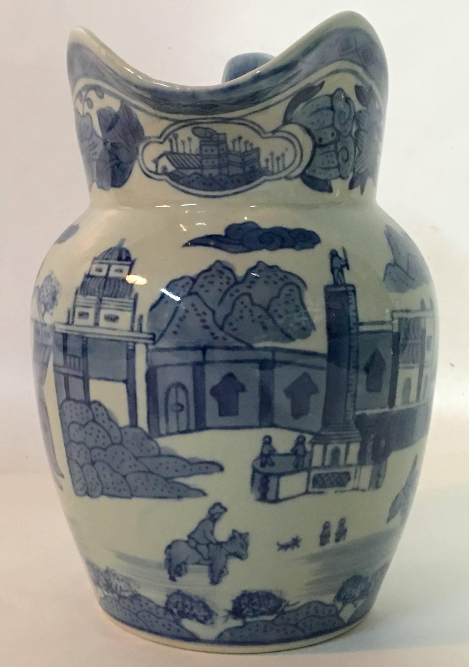 Chinoiserie 19th Century Asia Blue & White Ceramic Beverage Pitcher
