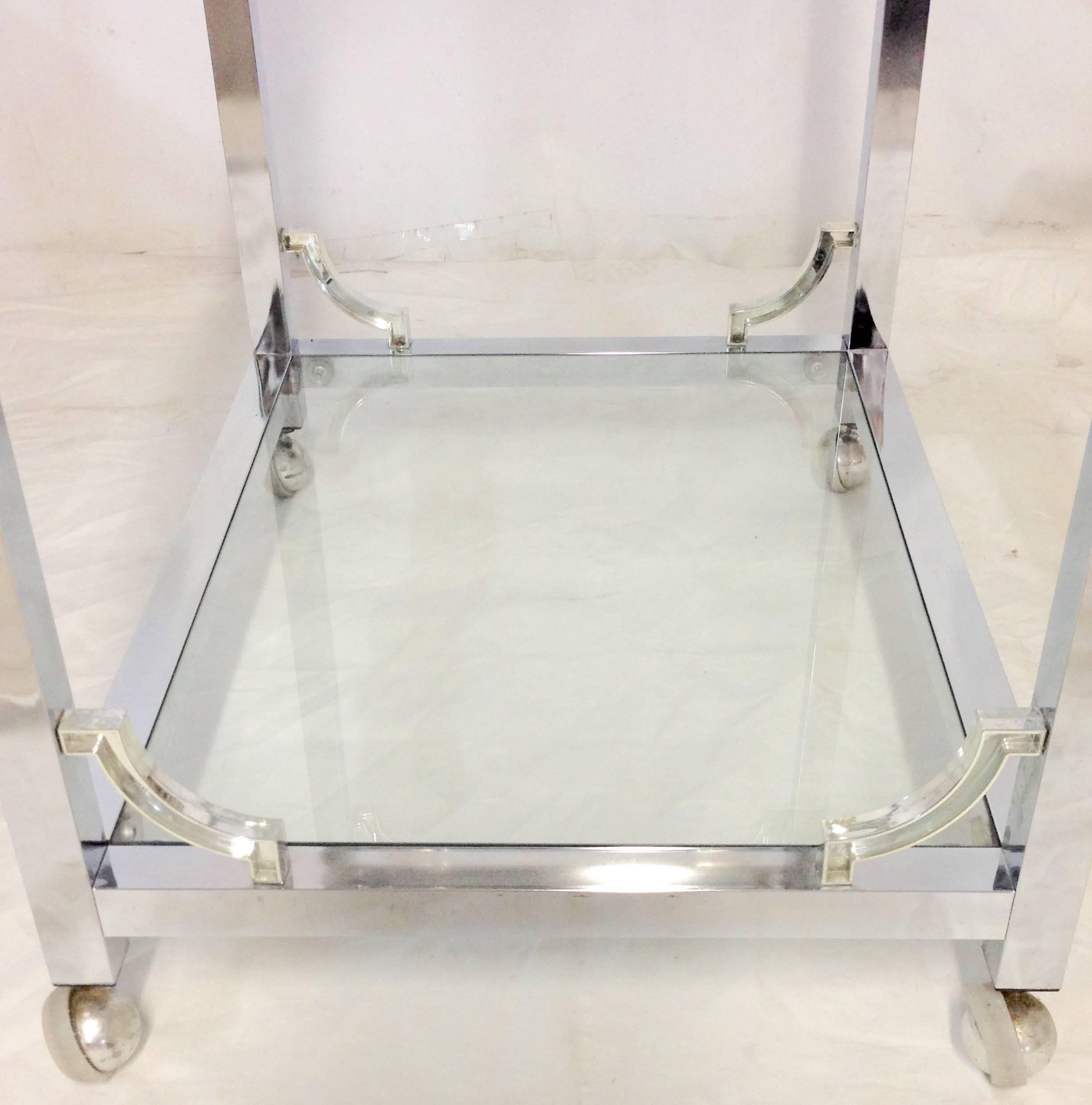 Vintage Milo Baughman Fretwork Chrome and Glass Rolling Cart In Excellent Condition In West Palm Beach, FL