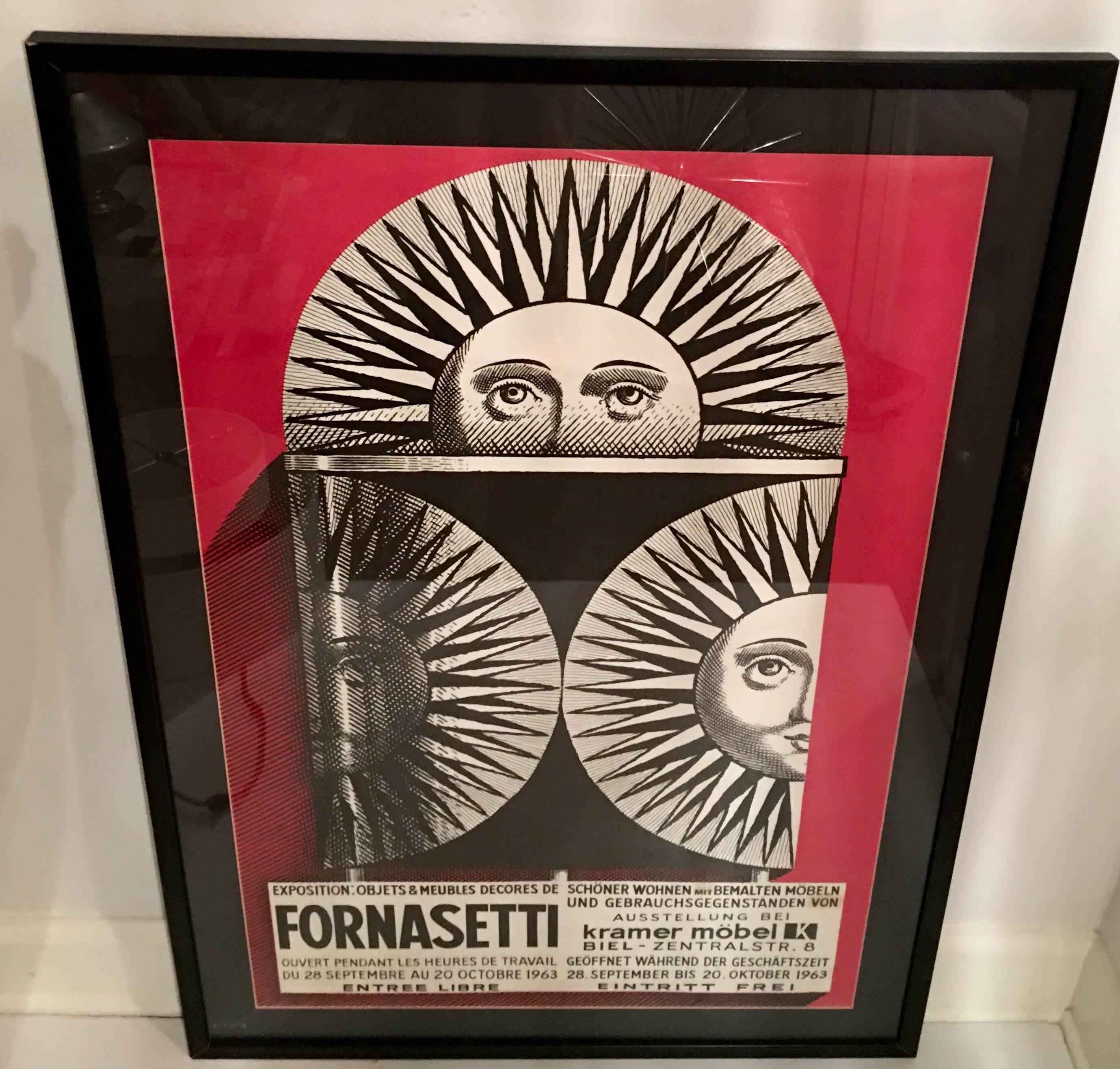 Vintage Piero Fornasetti designed exhibition poster backed on double matte black with a thin line of gold,. Framed in black painted wood, with archival glass.
The print/poster reads: Fornasetti Exposition: Objects & Meubles Deored de schoner