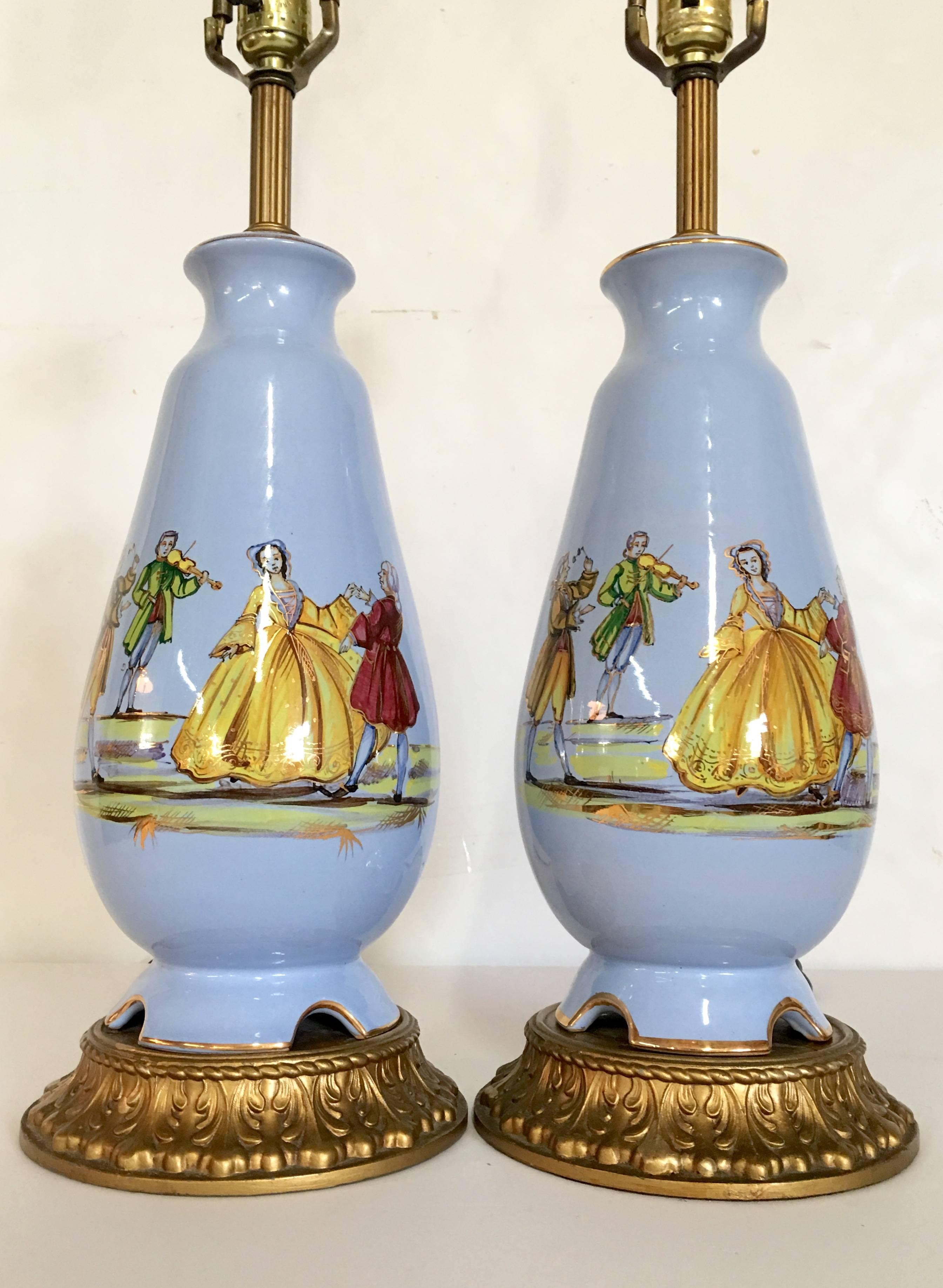 Mid-Century Pair Of French Blue & Gilt Bronze Porcelain Decalcomania Lamps In Excellent Condition For Sale In West Palm Beach, FL