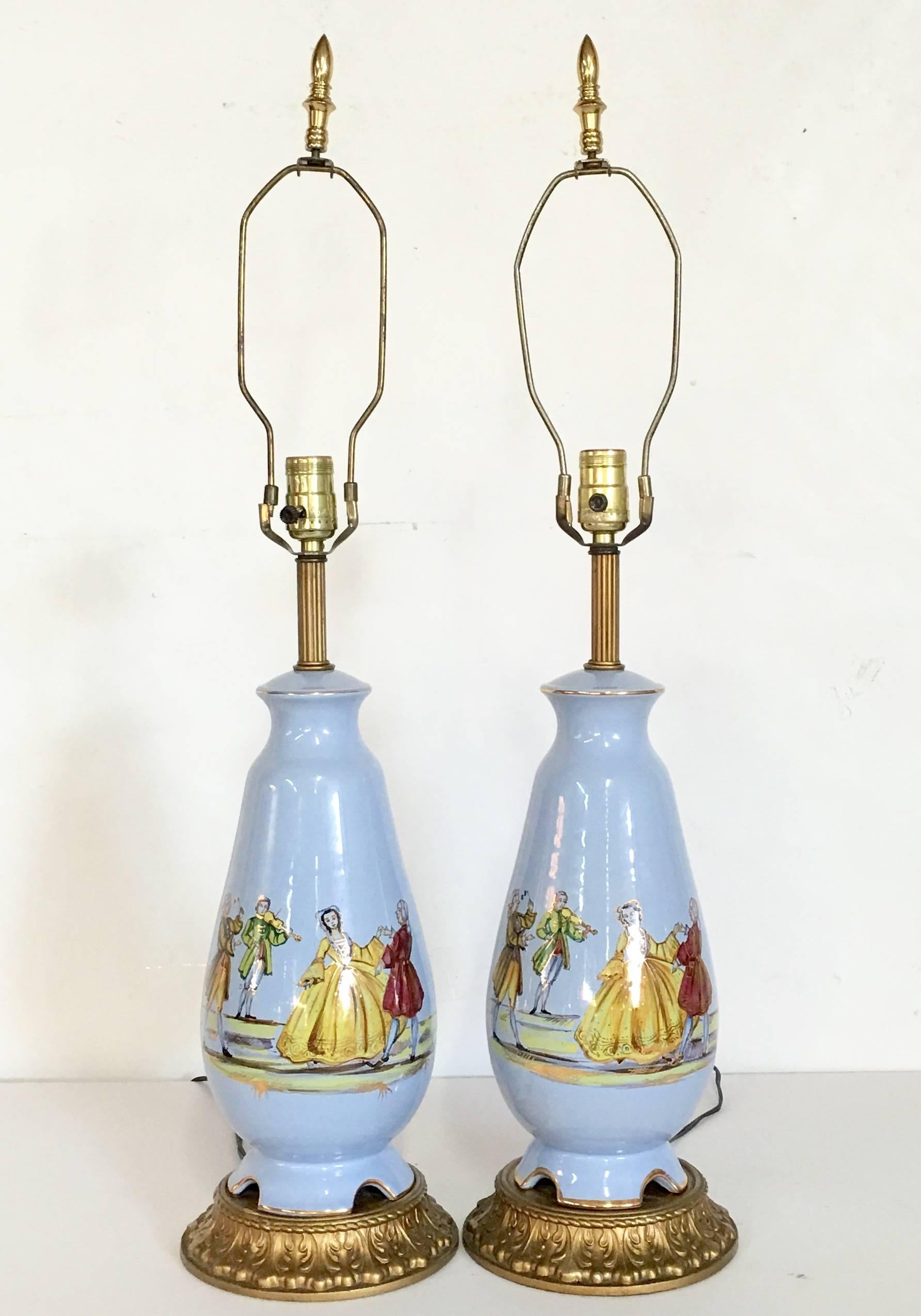 European Mid-Century Pair Of French Blue & Gilt Bronze Porcelain Decalcomania Lamps For Sale