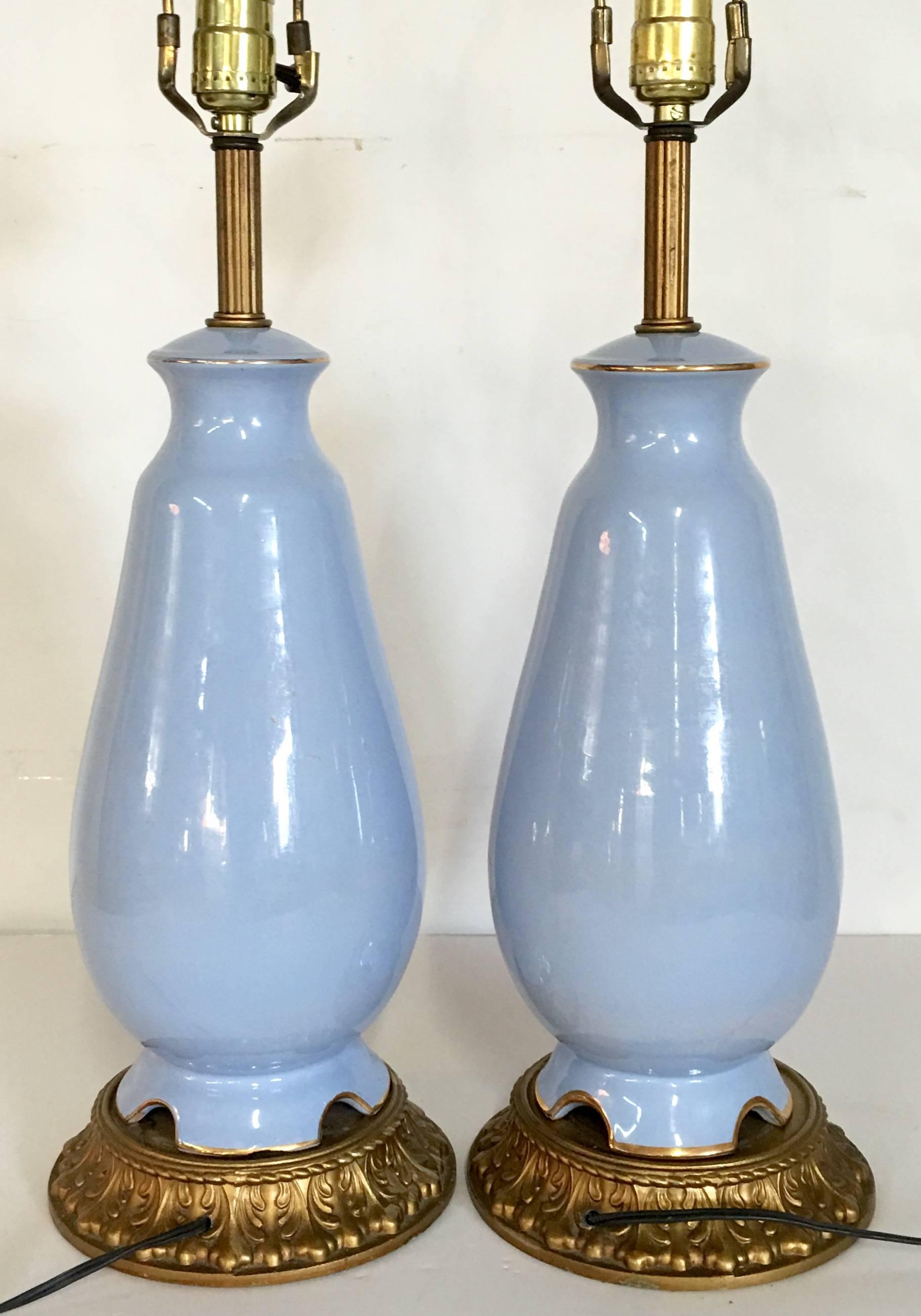 Mid-Century Pair Of French Blue & Gilt Bronze Porcelain Decalcomania Lamps For Sale 1