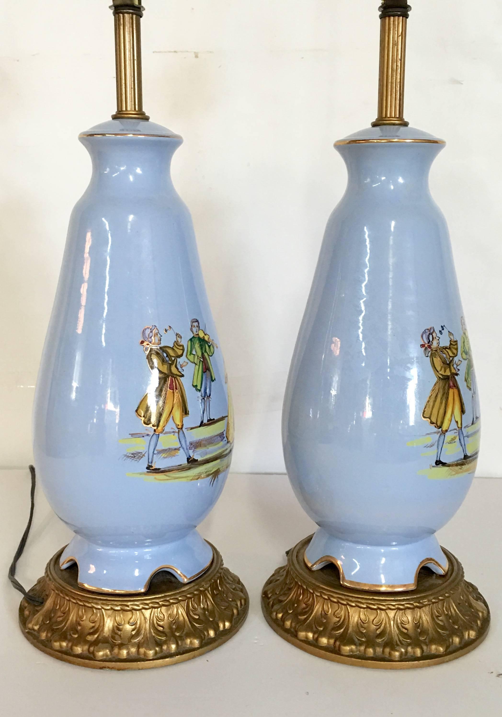 20th Century Mid-Century Pair Of French Blue & Gilt Bronze Porcelain Decalcomania Lamps For Sale