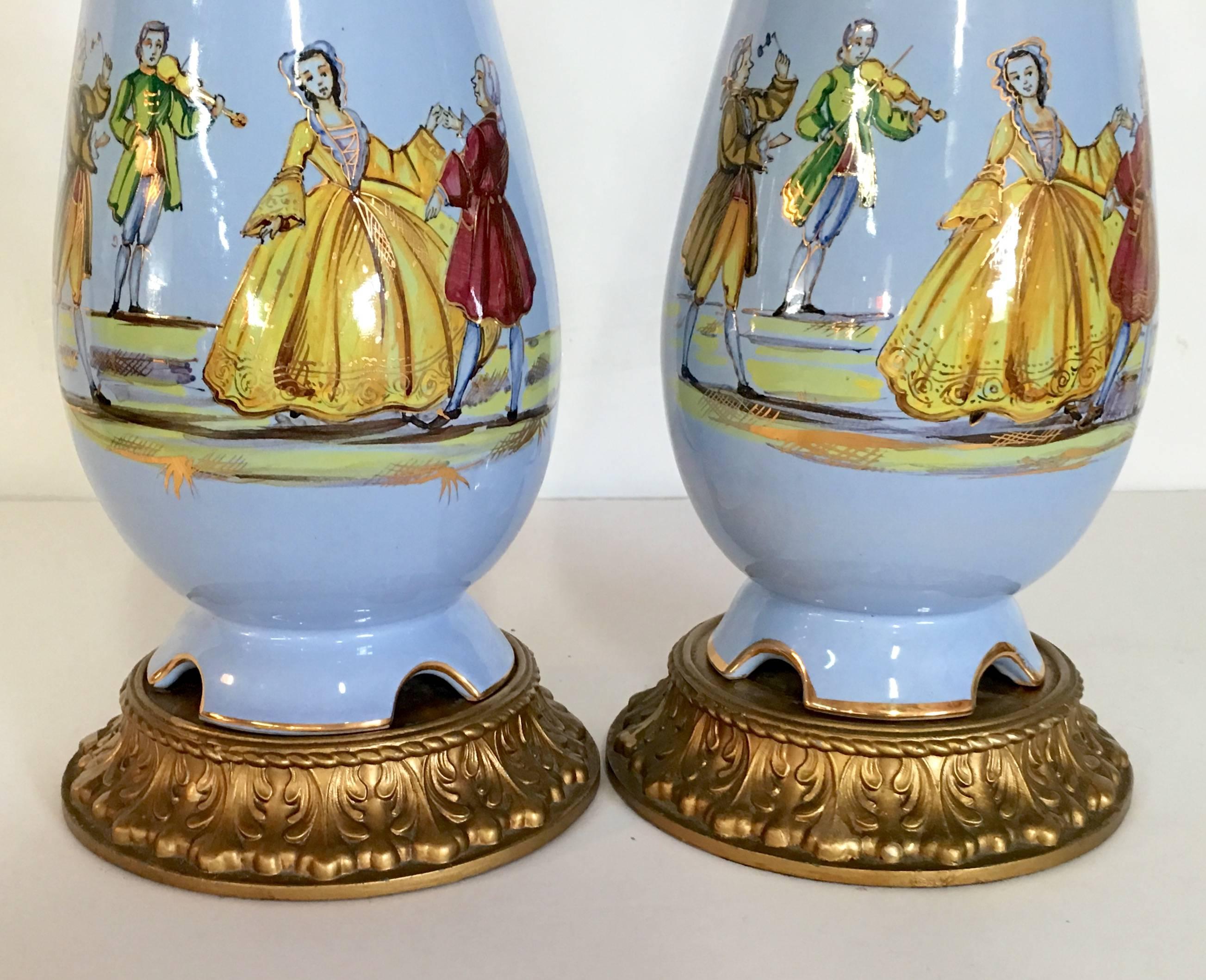 Mid-Century Pair Of French Blue & Gilt Bronze Porcelain Decalcomania Lamps For Sale 2