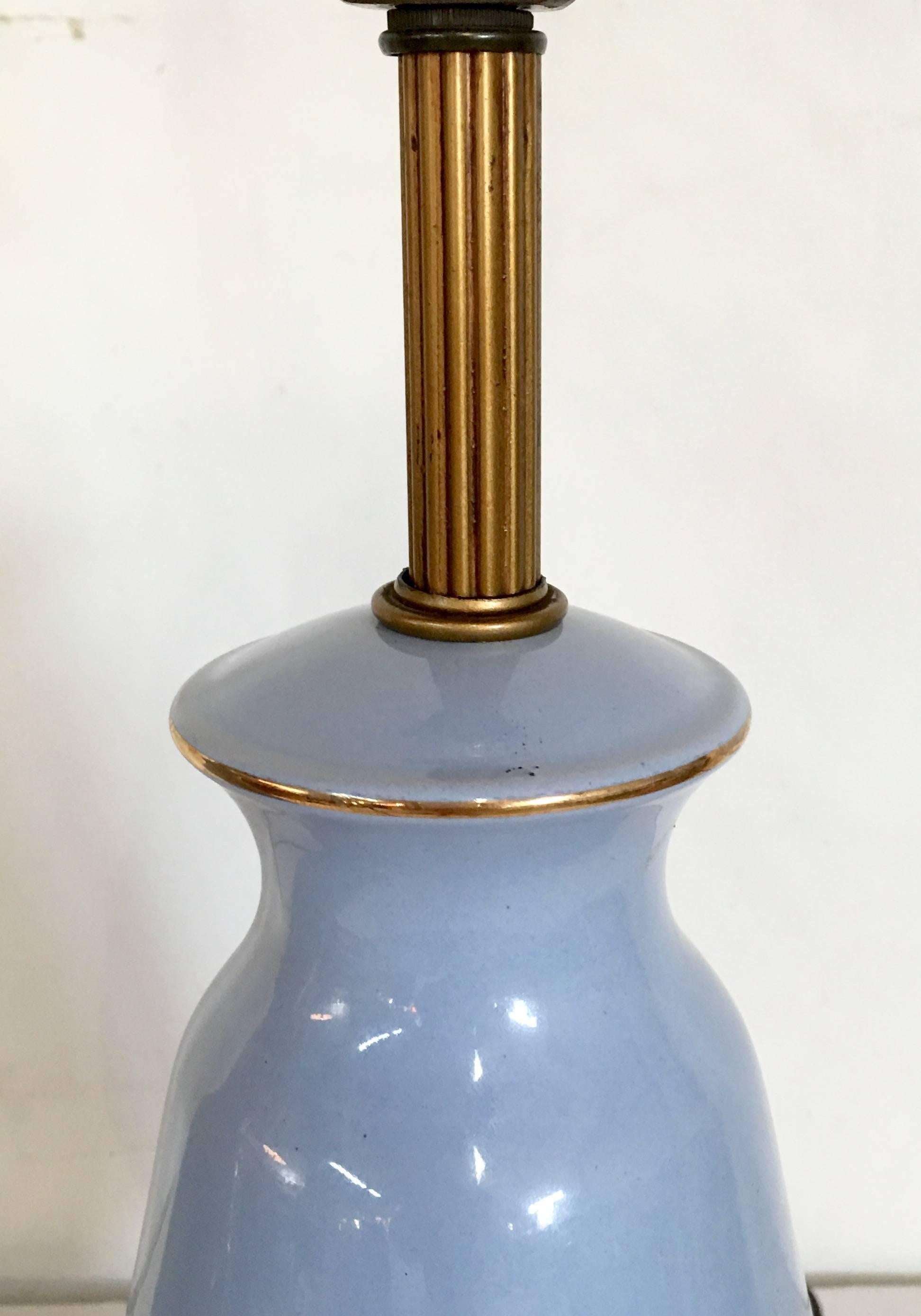 Mid-Century Pair Of French Blue & Gilt Bronze Porcelain Decalcomania Lamps For Sale 5