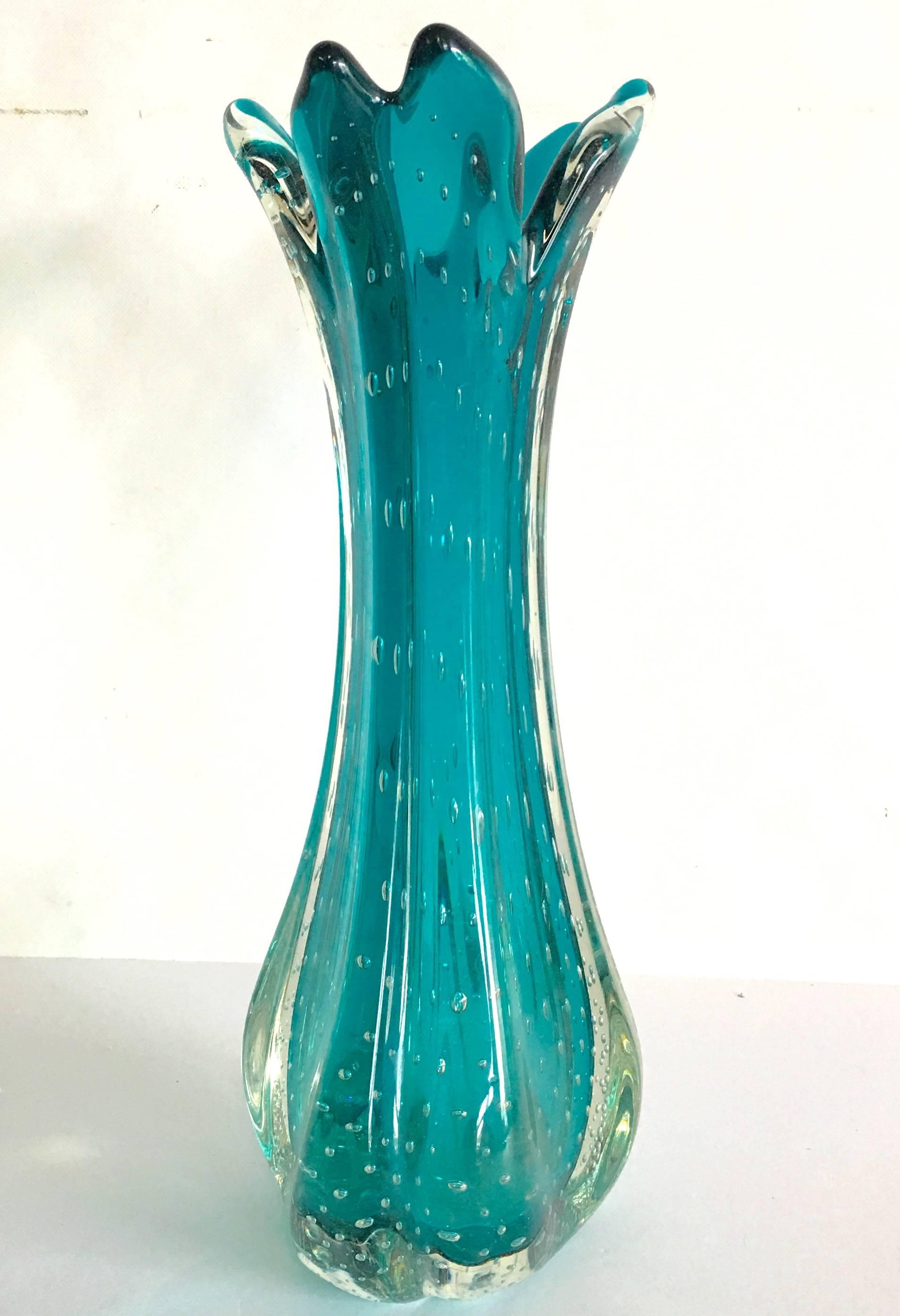 Bright teal blue 1950's inches tall encased bubbles (bullicante) Italian Murano glass vase in the style of Barovier & Toso. No makers mark present.