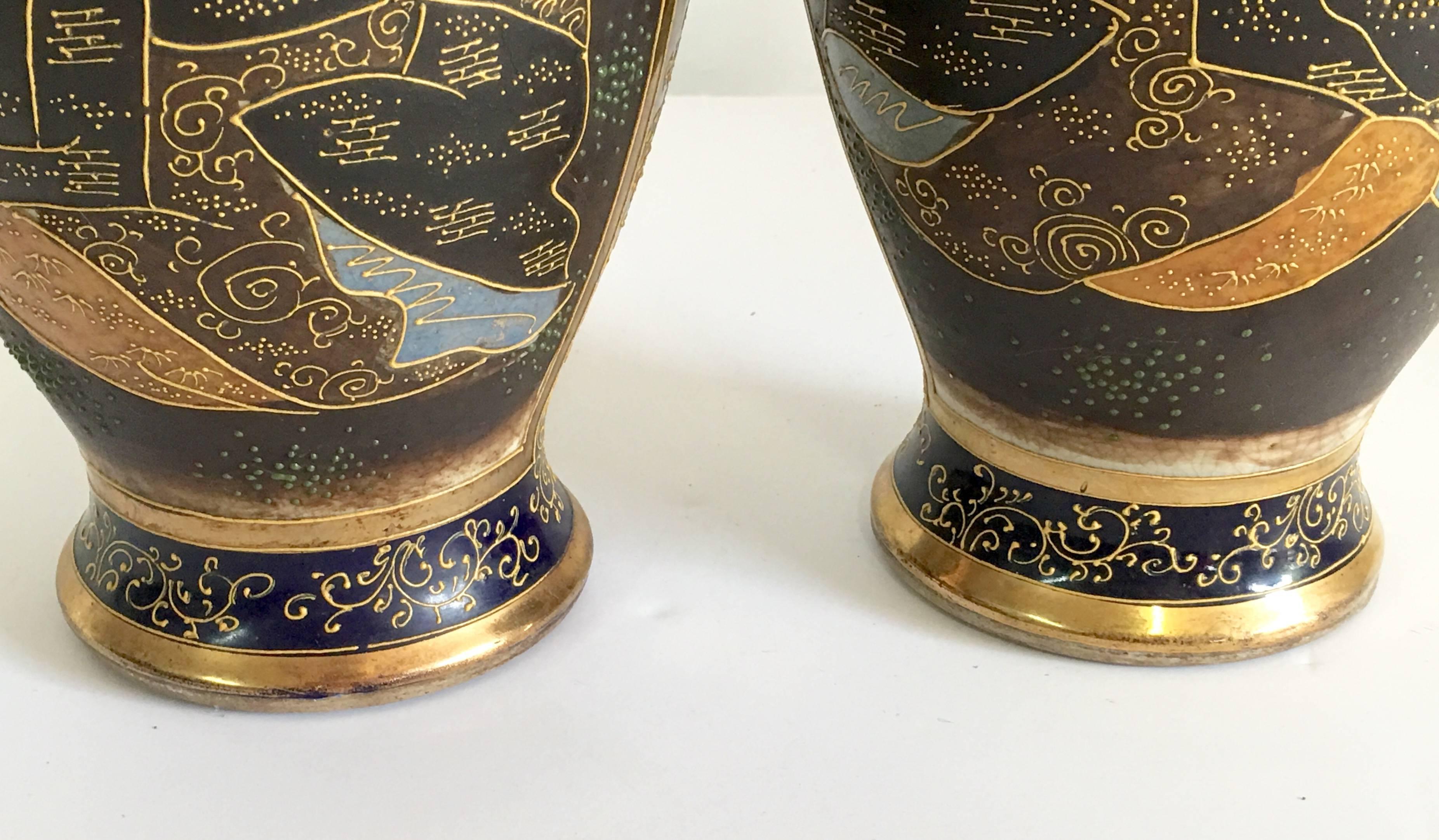 20th Century Pair of Japanese Cobalr Satsuma Moriage Vase, Signed