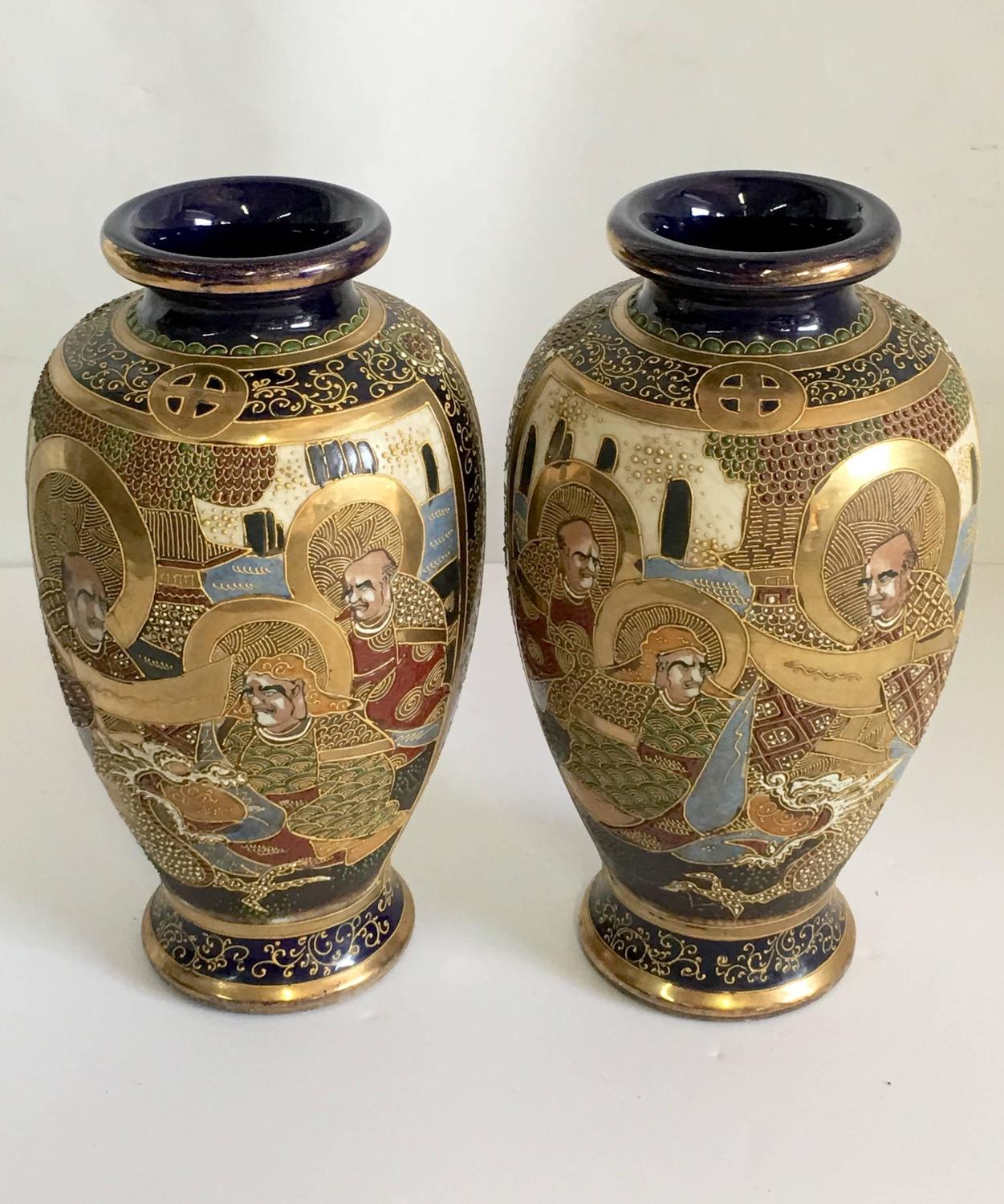 Pair of Japanese Cobalr Satsuma Moriage Vase, Signed at 1stdibs