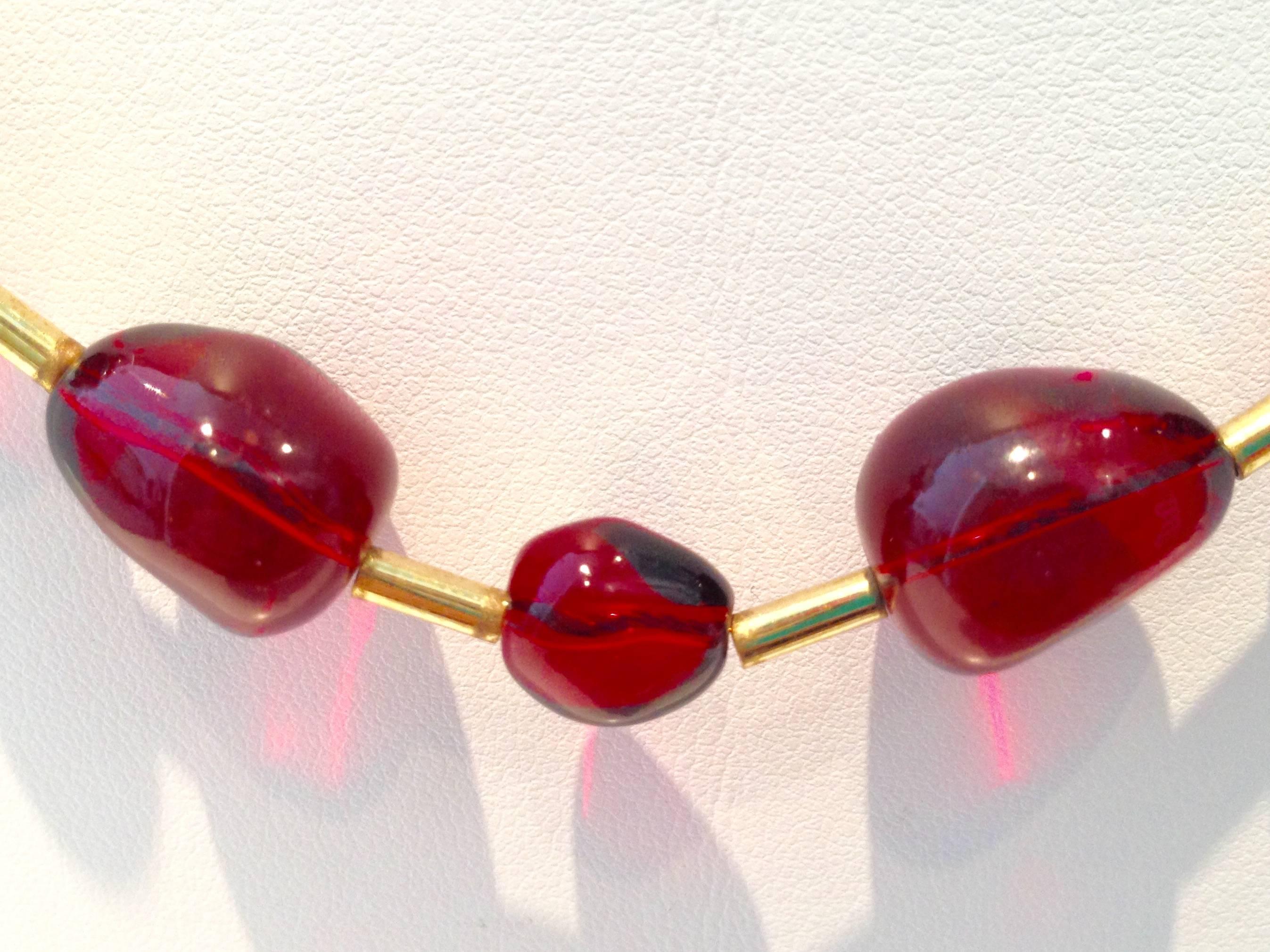 20th Century KJL Opera Length Ruby Red Bead and Gold Plate Necklace, Signed