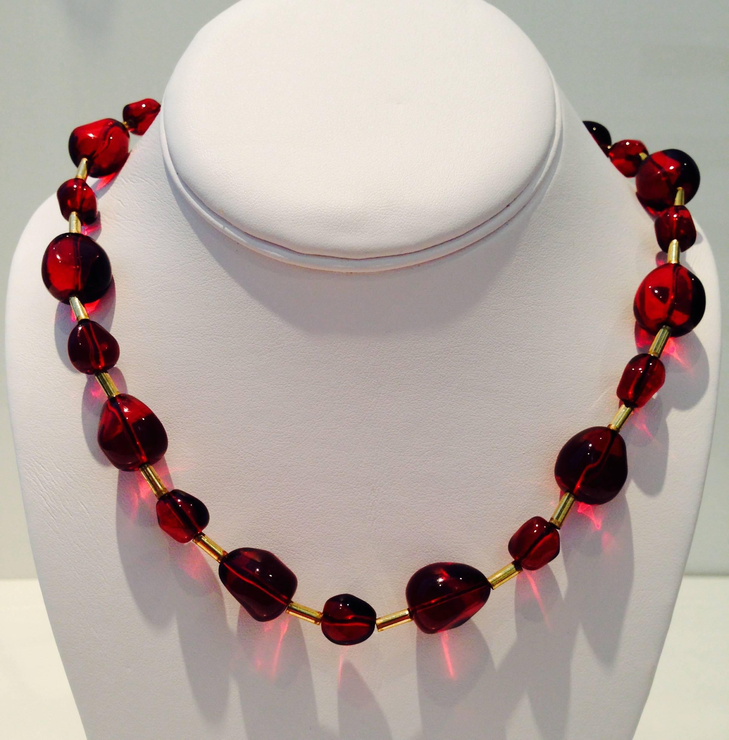 KJL Opera Length Ruby Red Bead and Gold Plate Necklace, Signed In Excellent Condition In West Palm Beach, FL