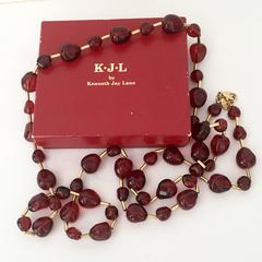 KJL Opera Length Ruby Red Bead and Gold Plate Necklace, Signed
