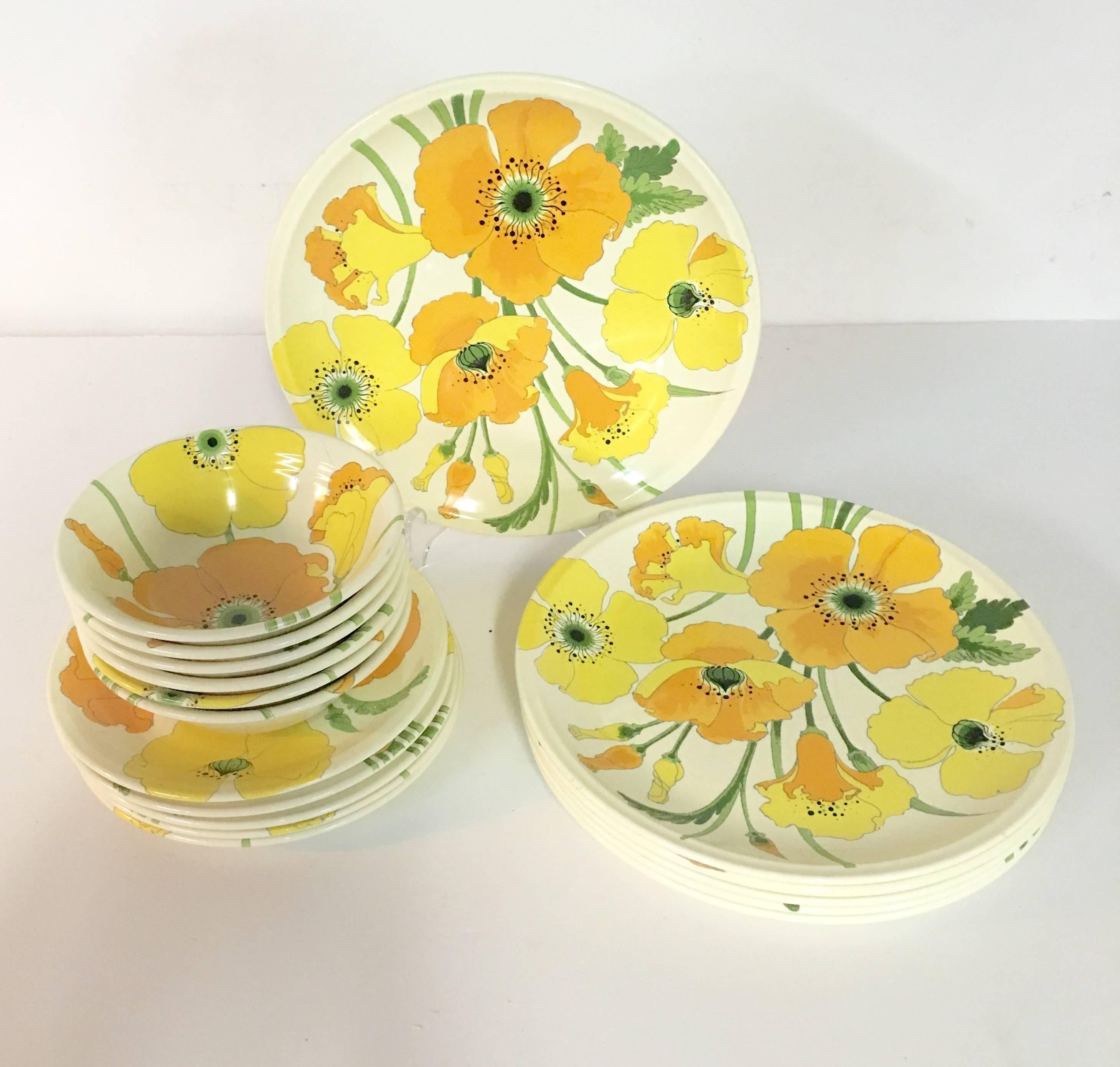 Quintessential Mid-Century Modern American six three-piece place settings of Metlox California, Poppy Trail dinnerware in 