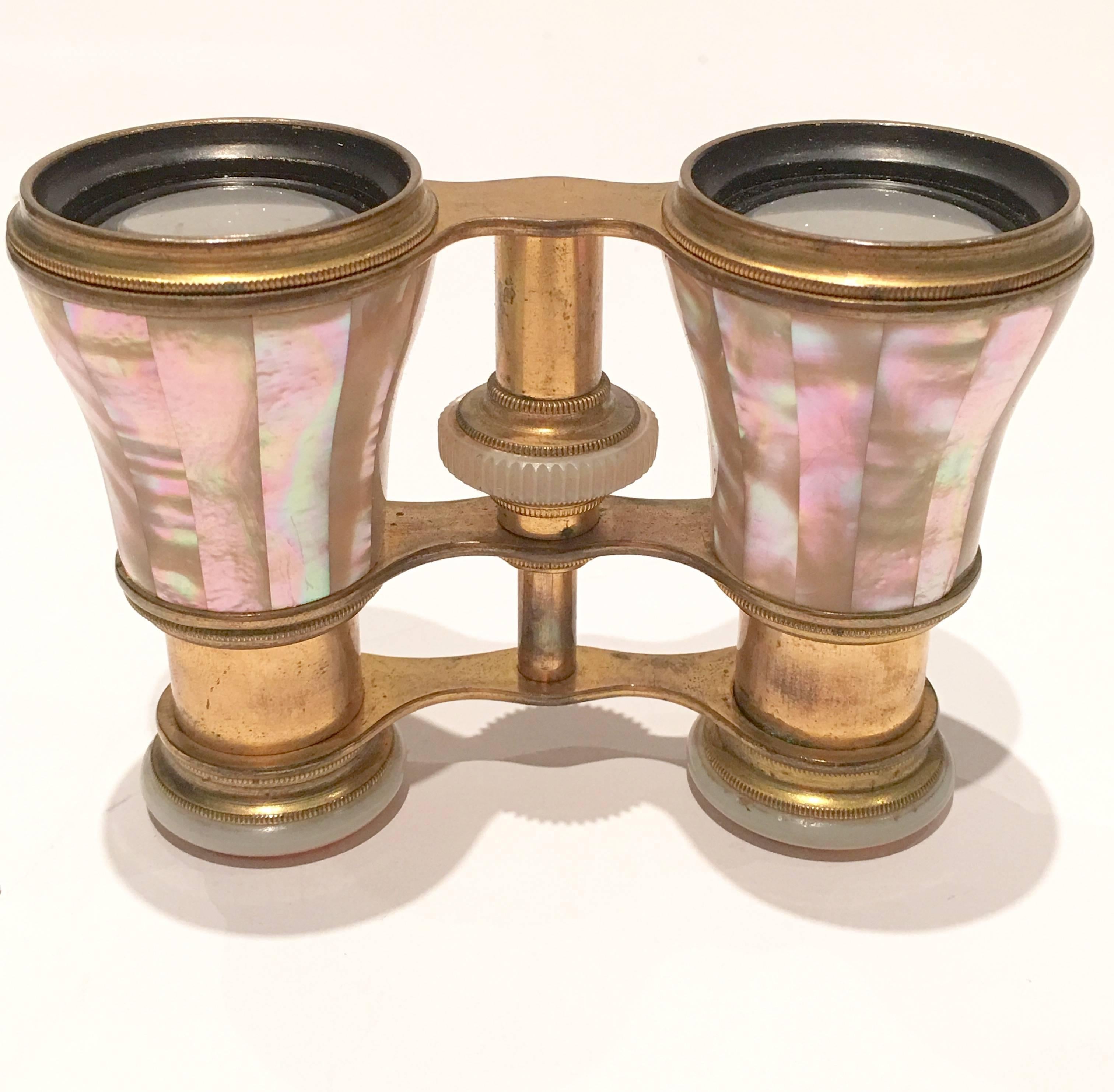 1920s LePert signed french mother-of-pearl and brass opera glasses with original shagreen case with brass closure. Optics in tact.