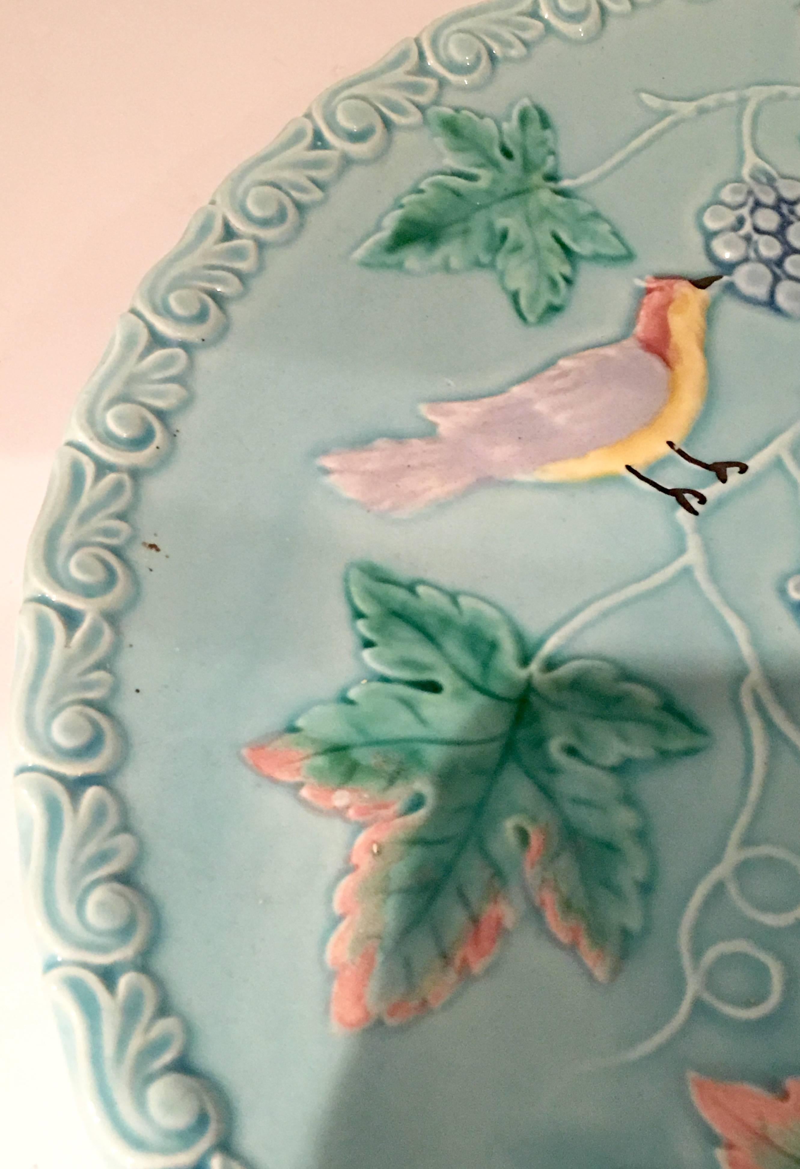 Hand-Painted Vintage German Majolica Bird and Vine Platter