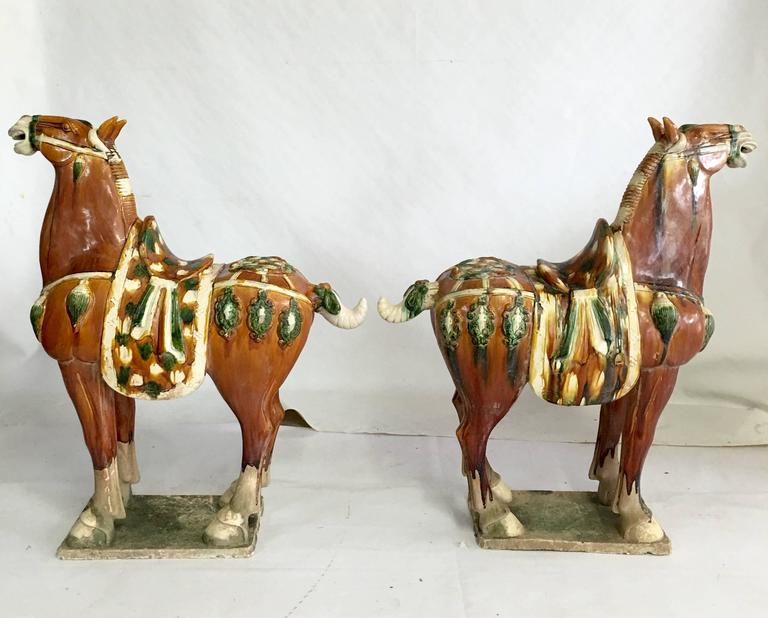 Pair of Tang Style Large Sancai Glazed Teracotta Horses For Sale at 1stdibs