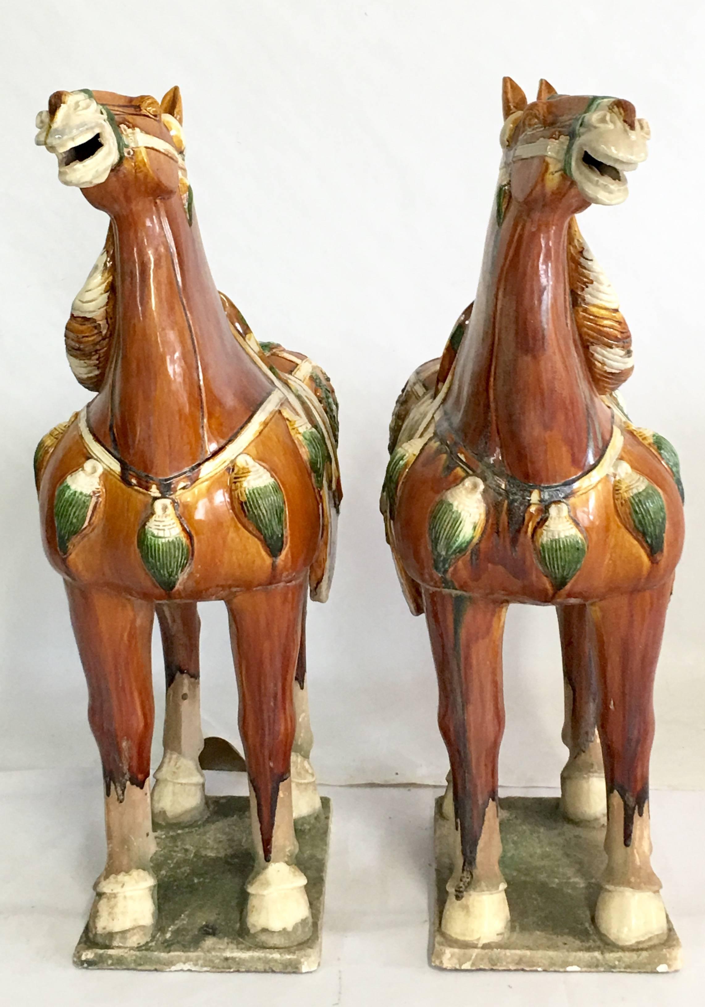 Chinese Mid-20th Century Pair of Tang Style Floor Size Sancai Glazed Terracotta Horses For Sale