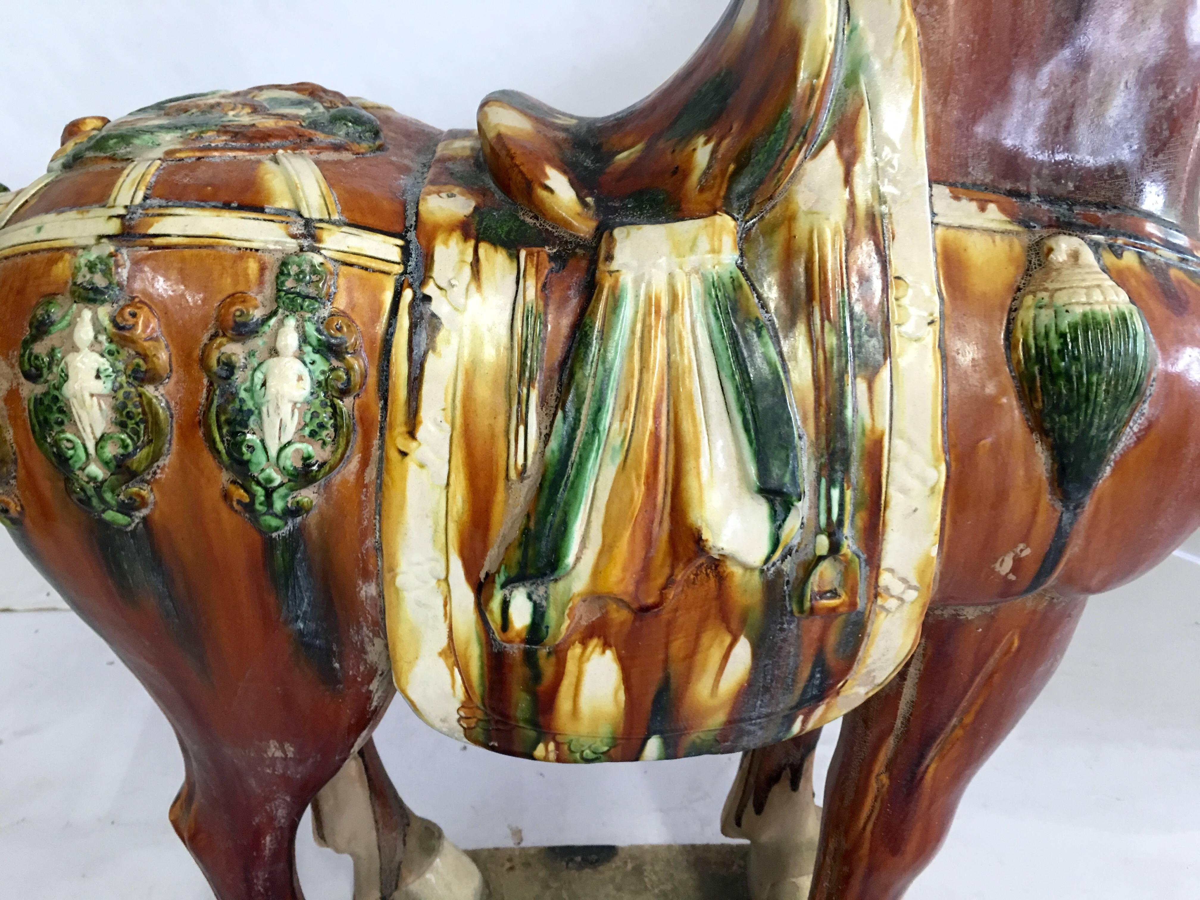 Hand-Painted Mid-20th Century Pair of Tang Style Floor Size Sancai Glazed Terracotta Horses For Sale
