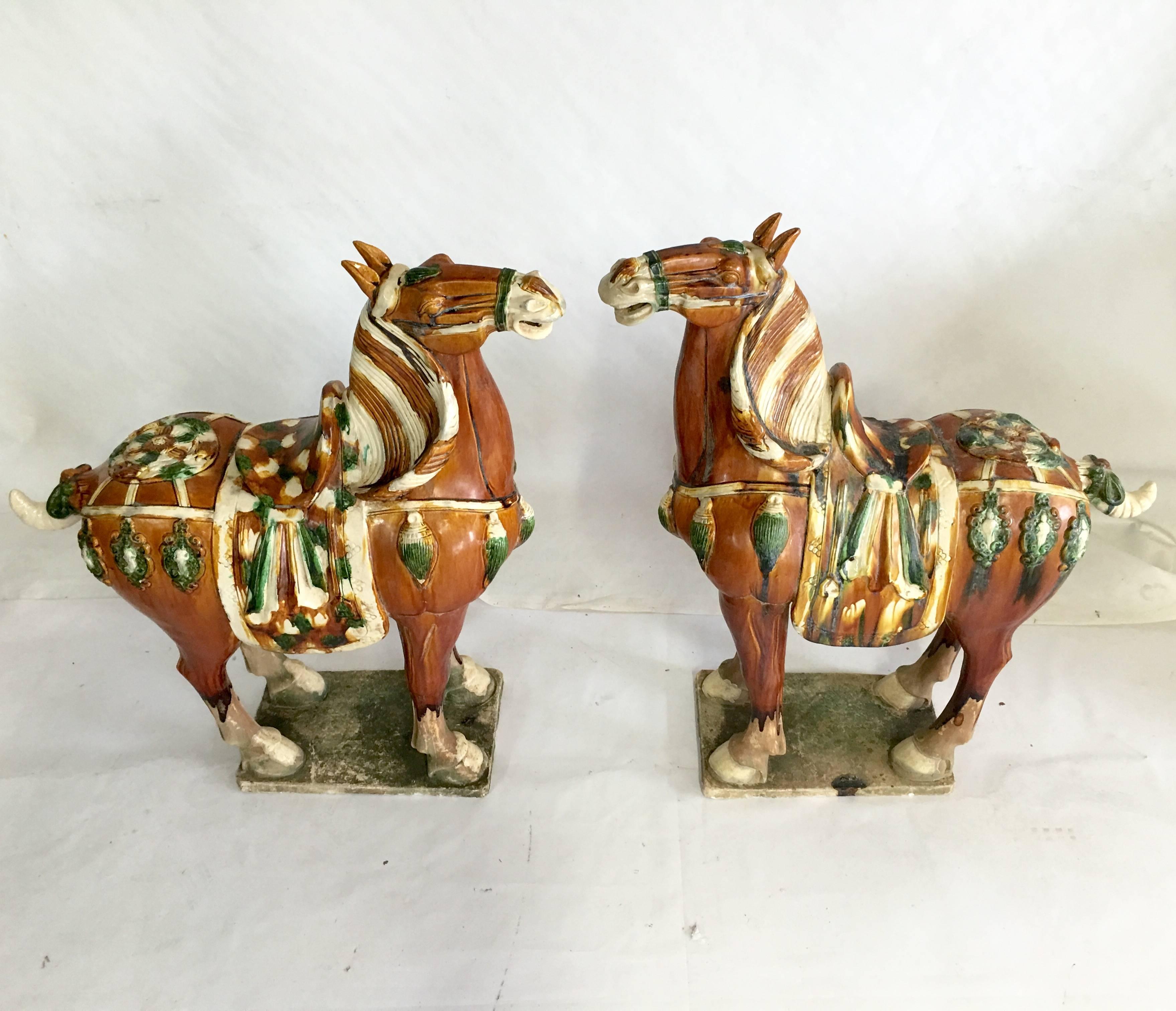 Chinese Export Mid-20th Century Pair of Tang Style Floor Size Sancai Glazed Terracotta Horses For Sale