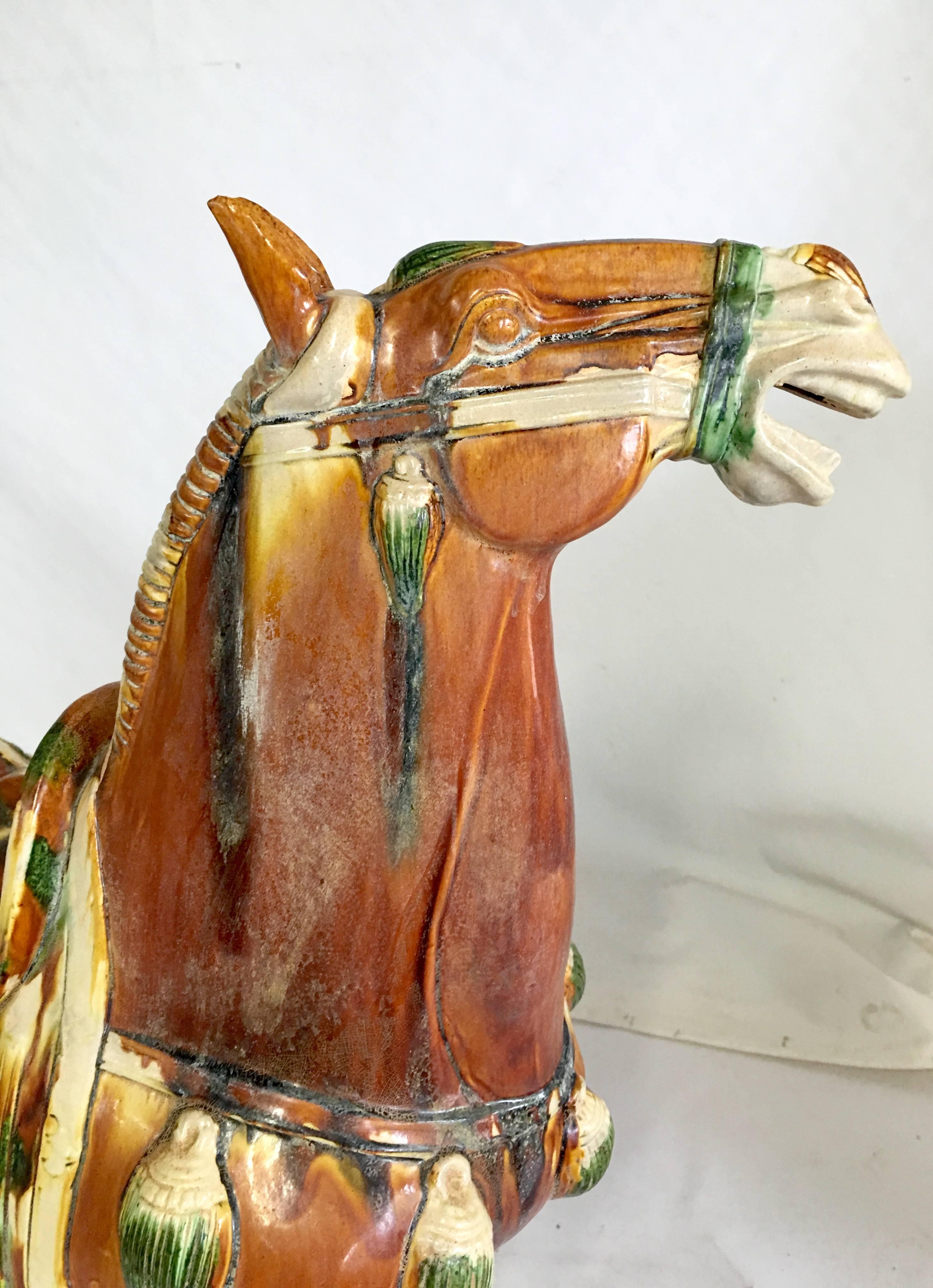 Mid-20th Century Pair of Tang Style Floor Size Sancai Glazed Terracotta Horses In Good Condition For Sale In West Palm Beach, FL