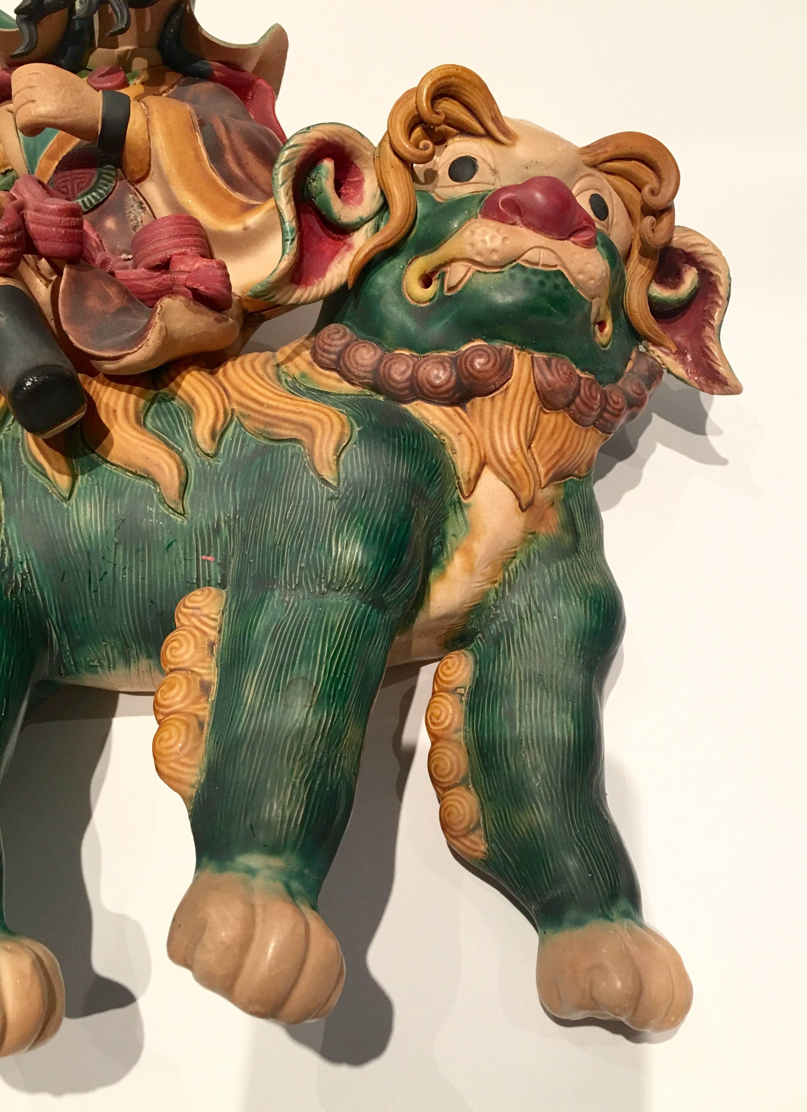 Pair of Antique Chinese Warrior Foo Lion Temple Roof Tiles In Excellent Condition In West Palm Beach, FL