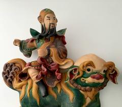 Paar antike chinesische Krieger Foo Lion Tempel Dachziegel