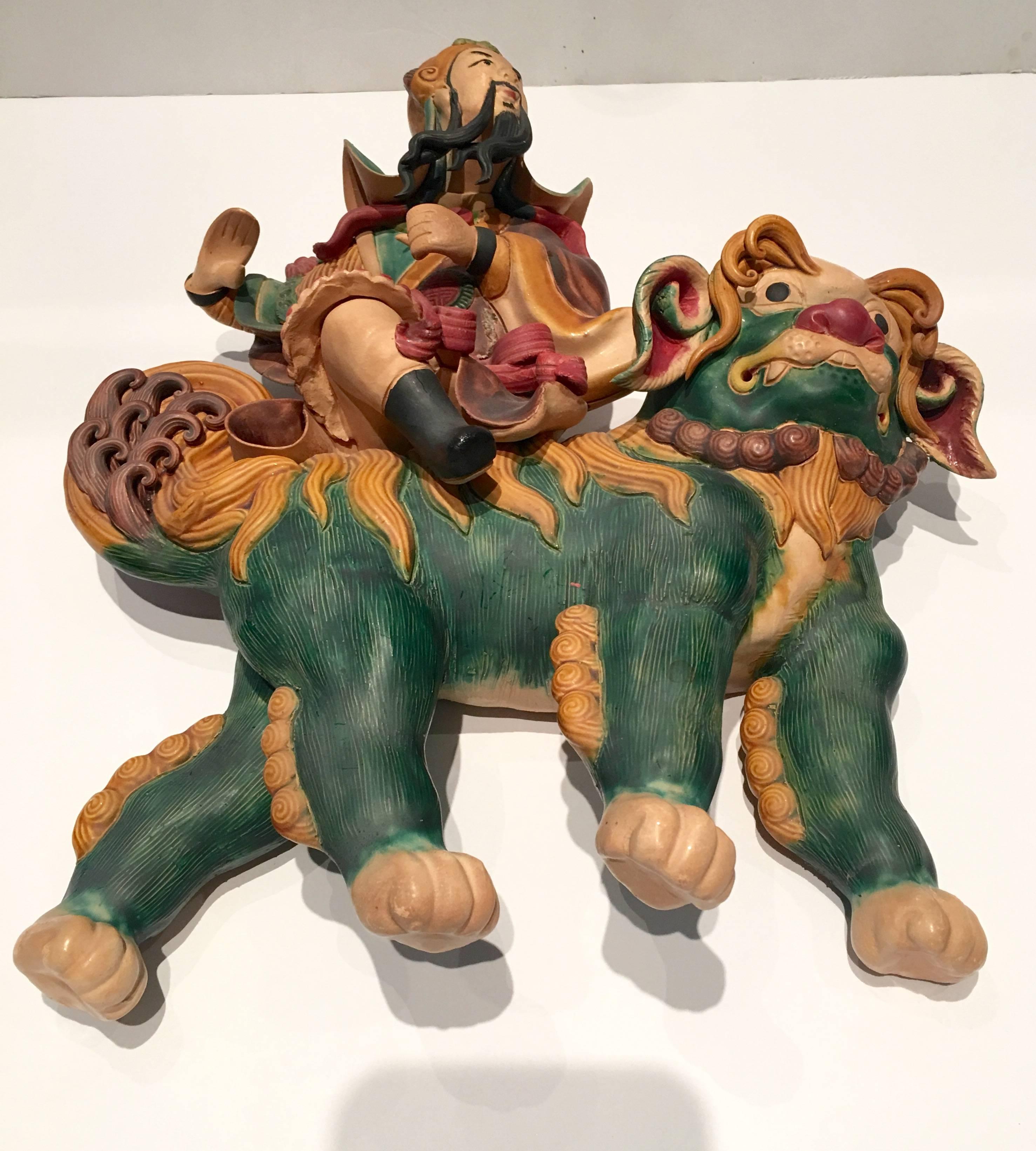 Chinese Export Pair of Antique Chinese Warrior Foo Lion Temple Roof Tiles