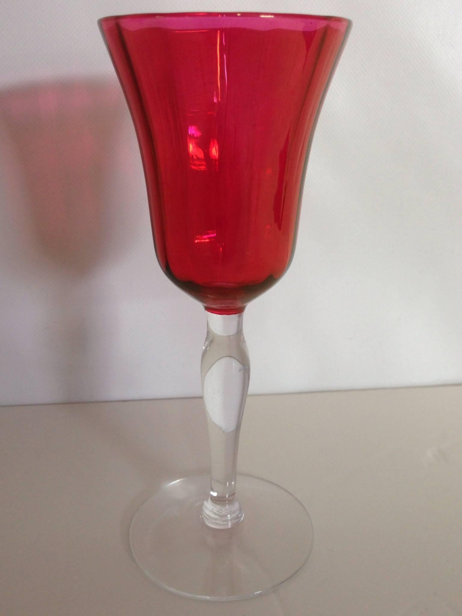 Vintage Optic Cranberry & Clear Crystal Stem Goblets.

