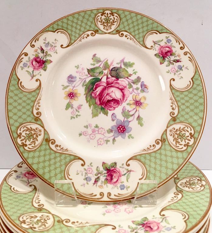 Myott "Staffordshire Rose" Green Plates, Set of 12 at 1stDibs